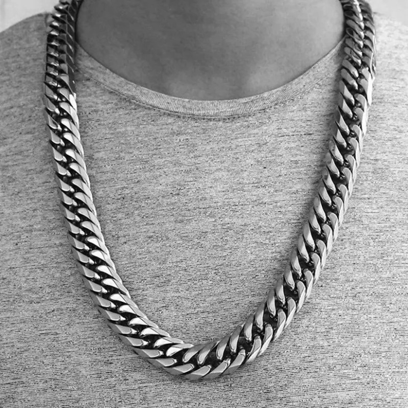 8MM-14MM Stainless Steel Cuban Chain Necklace For Men Punk Thick Long Neck Male