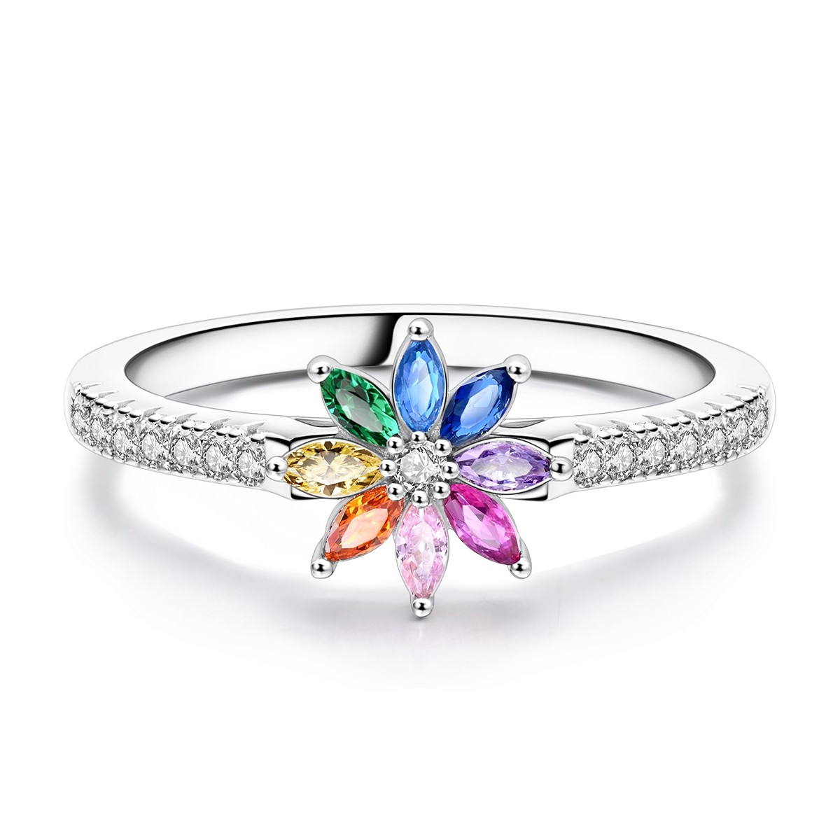 LAZA Original 925 Sterling Silver Ring CZ Hope Rainbow Flowers for Women Jewelry