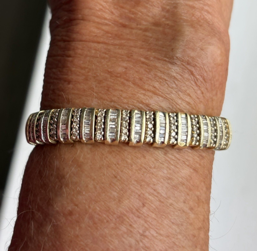 14k Gold Diamond Link Tennis Bracelet, Baguette White/Brown Colorless