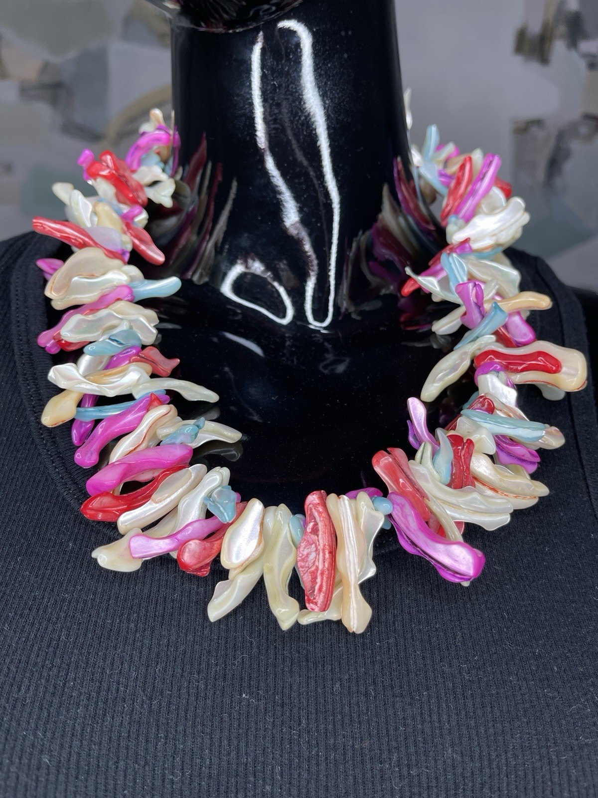 Statement Necklace Pink Blue Ivory Coral Style Beaded Choker Coastal Beach Boho