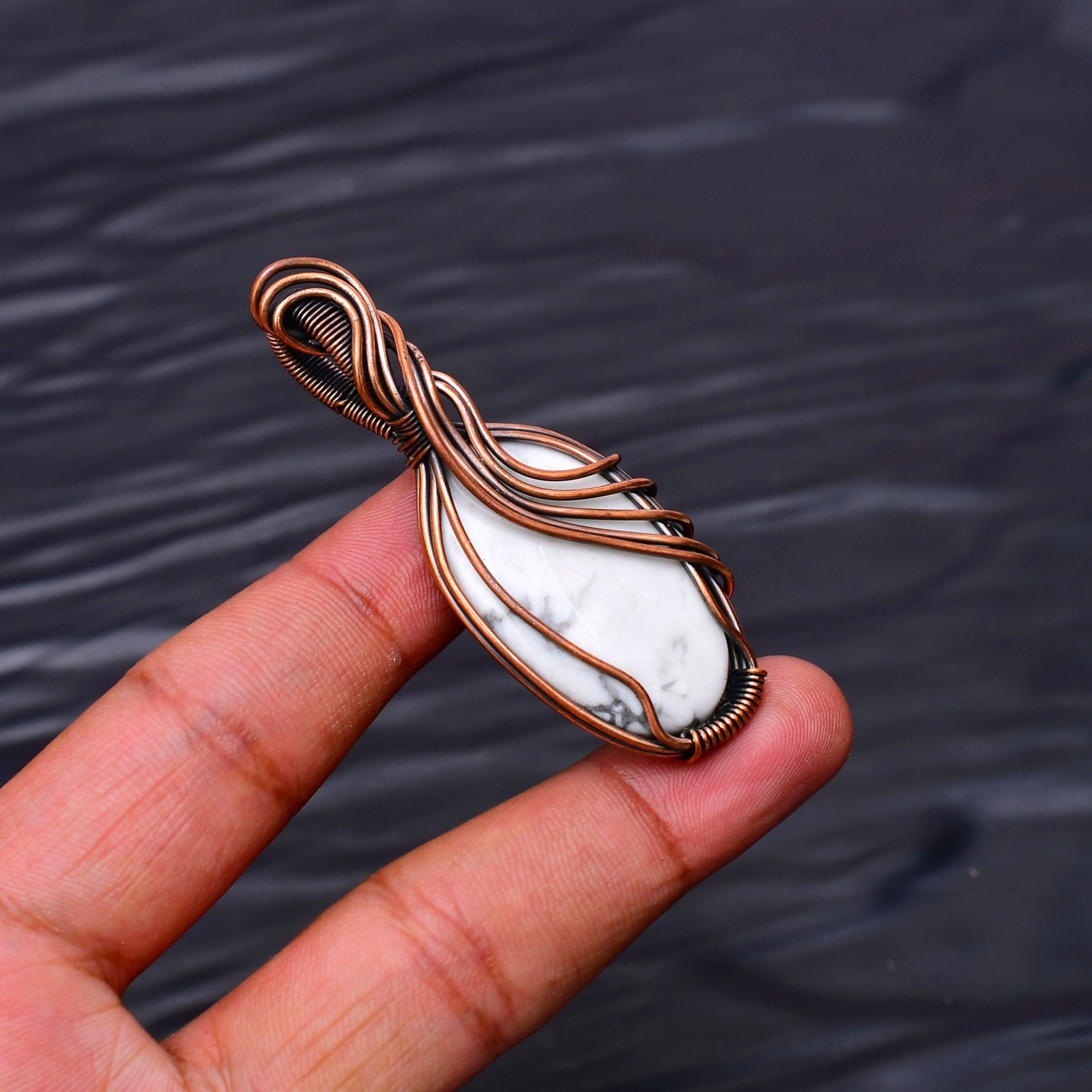 Howlite Gemstone Copper Wire Wrapped Handmade Jewelry Pendant 2.28″