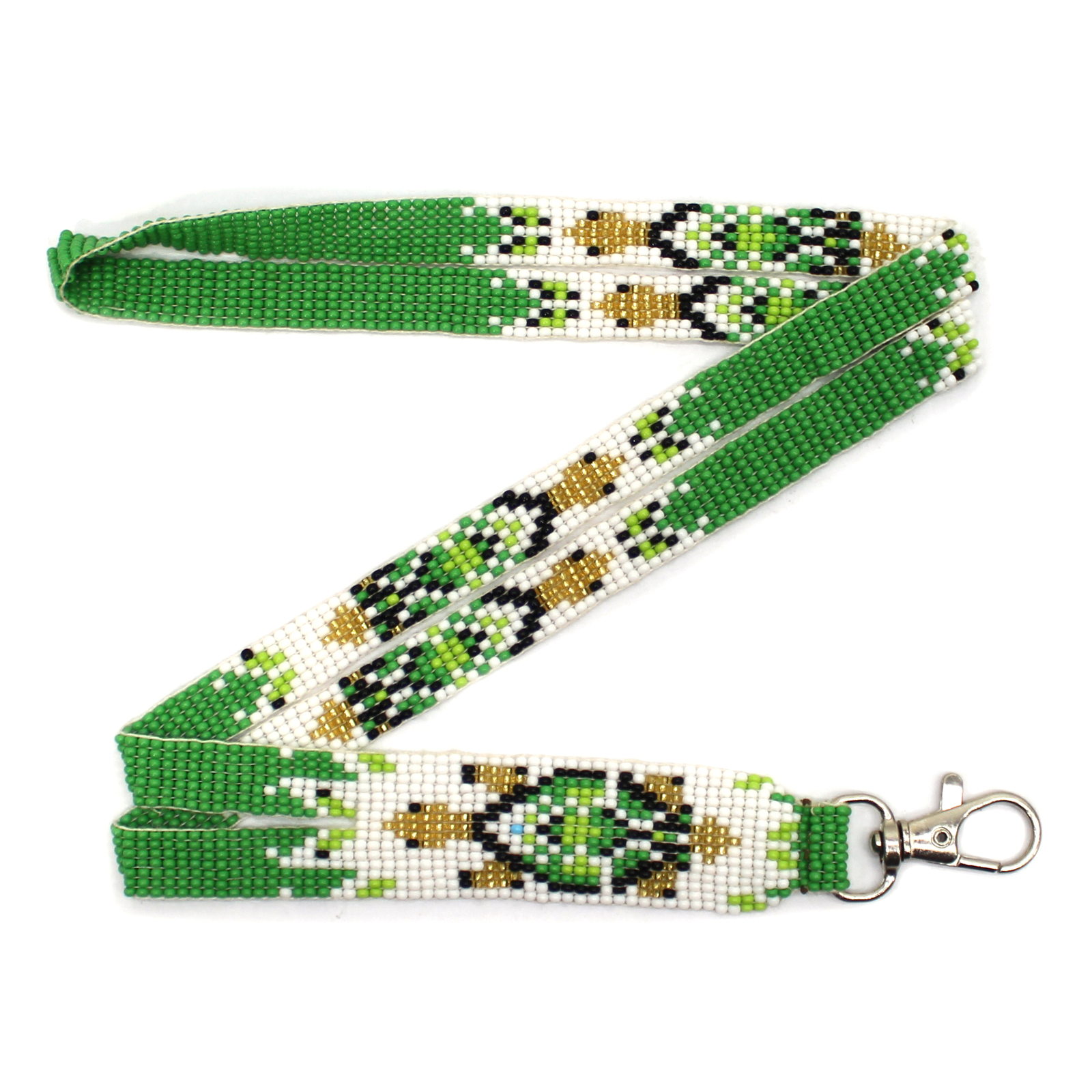 Handmade beaded Turtle design Green White Lanyard