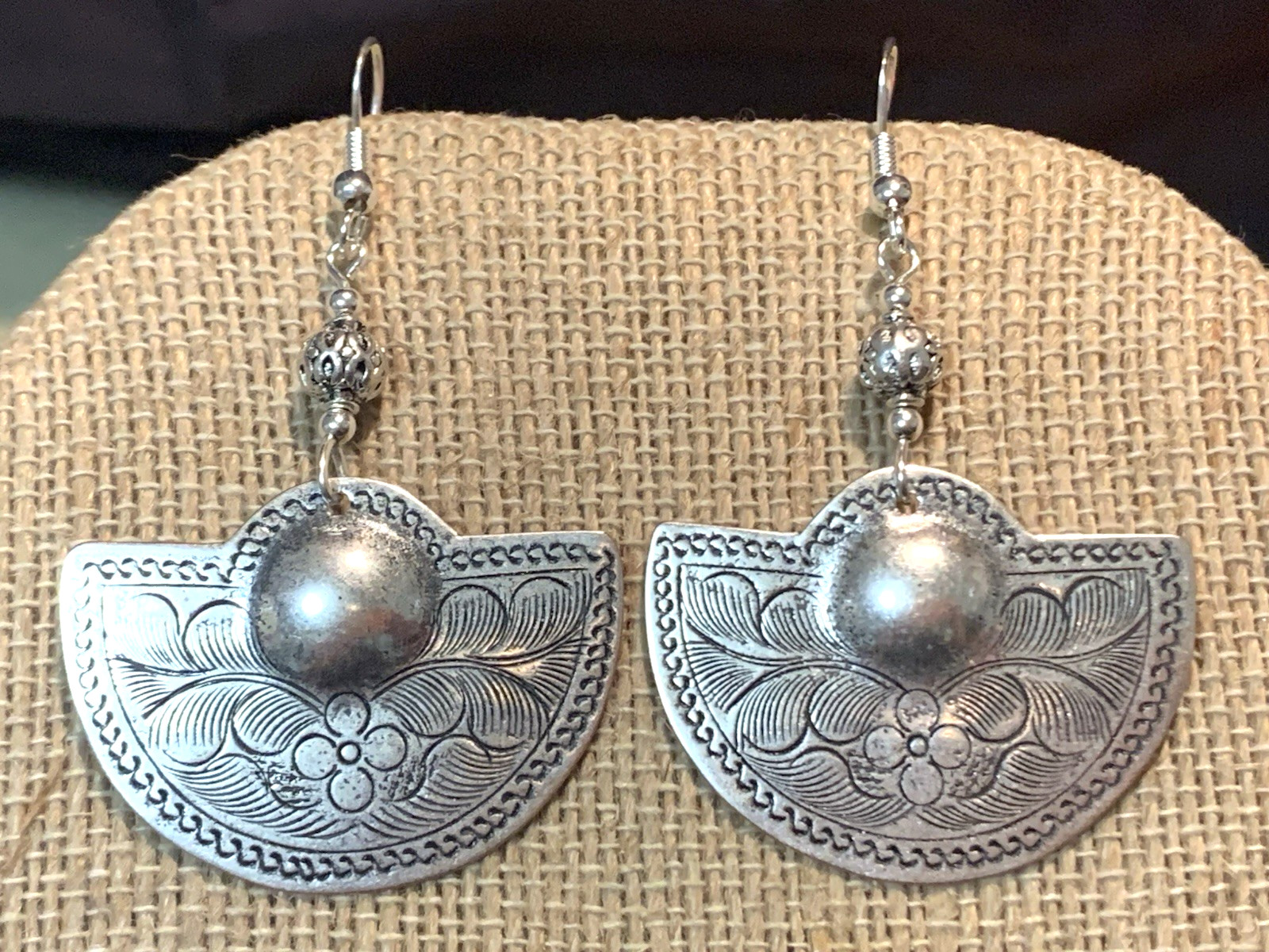 NEW ITEM *MED. ENGRAVED SILVER HILL TRIBE HALF-MOON DROP EARRINGS .925 WIRES-NEW