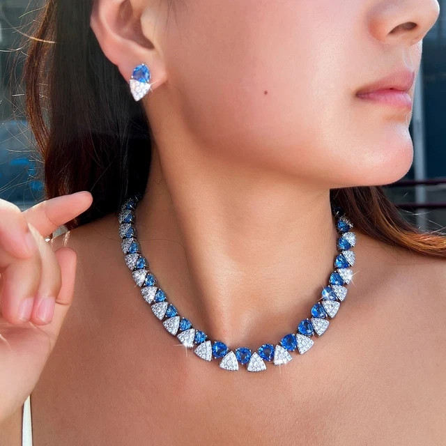 27 Ctw Trillion Lab-Created Sapphire Only Necklace 14K White Gold Plated Silver