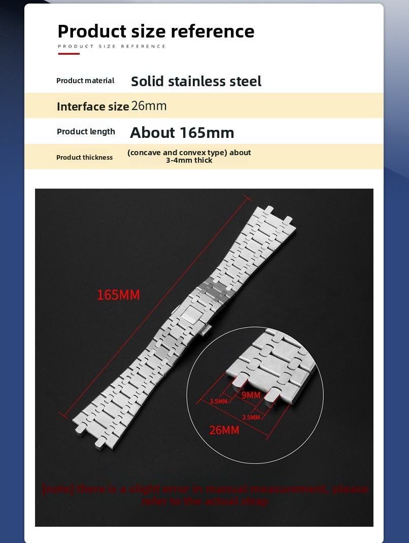 316L Solid Stainless Steel Watch Band Straps Mens Bracelet 26mm with Tools