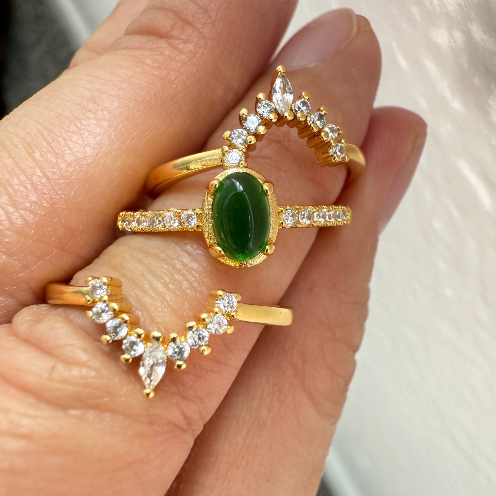 925 Sterling Silver Ring 3in1 6x4mm Green Natural Emerald Gemstone Zircon Flower