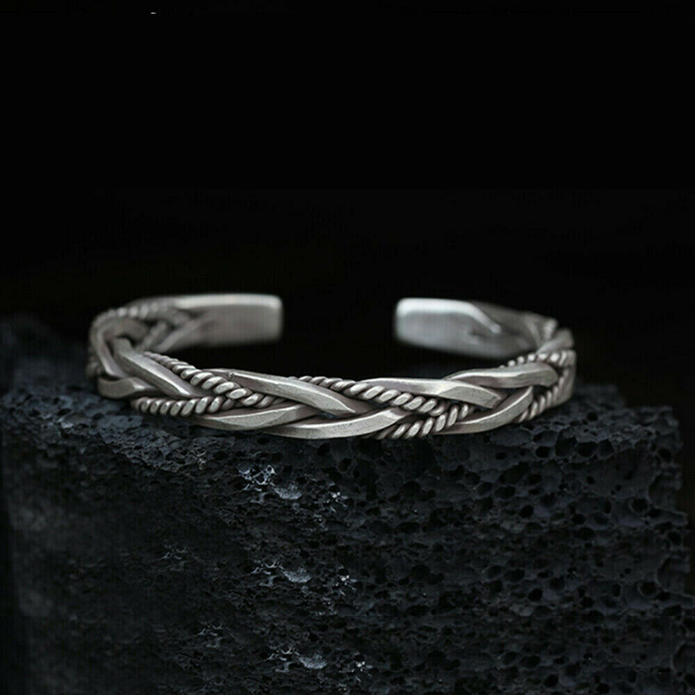925 Sterling Silver Thai Handmade Vintage Open Bangle Twisted Cuff Men Bracelet