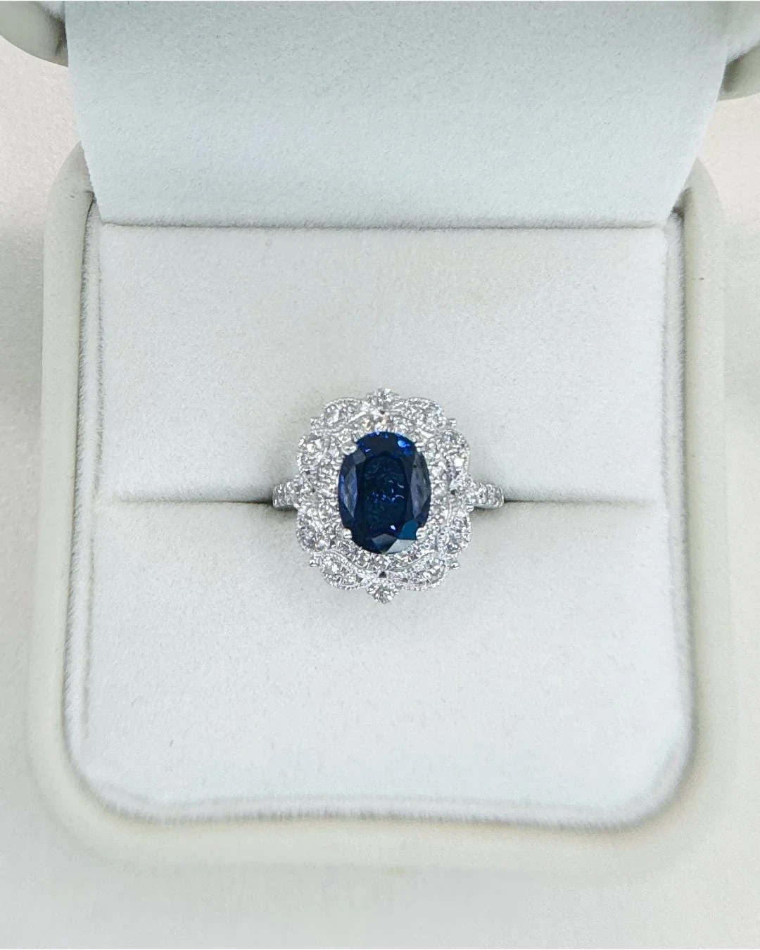 3.72 CTW Sapphire & Diamond Halo Ring | 14K White Gold Statement Ring