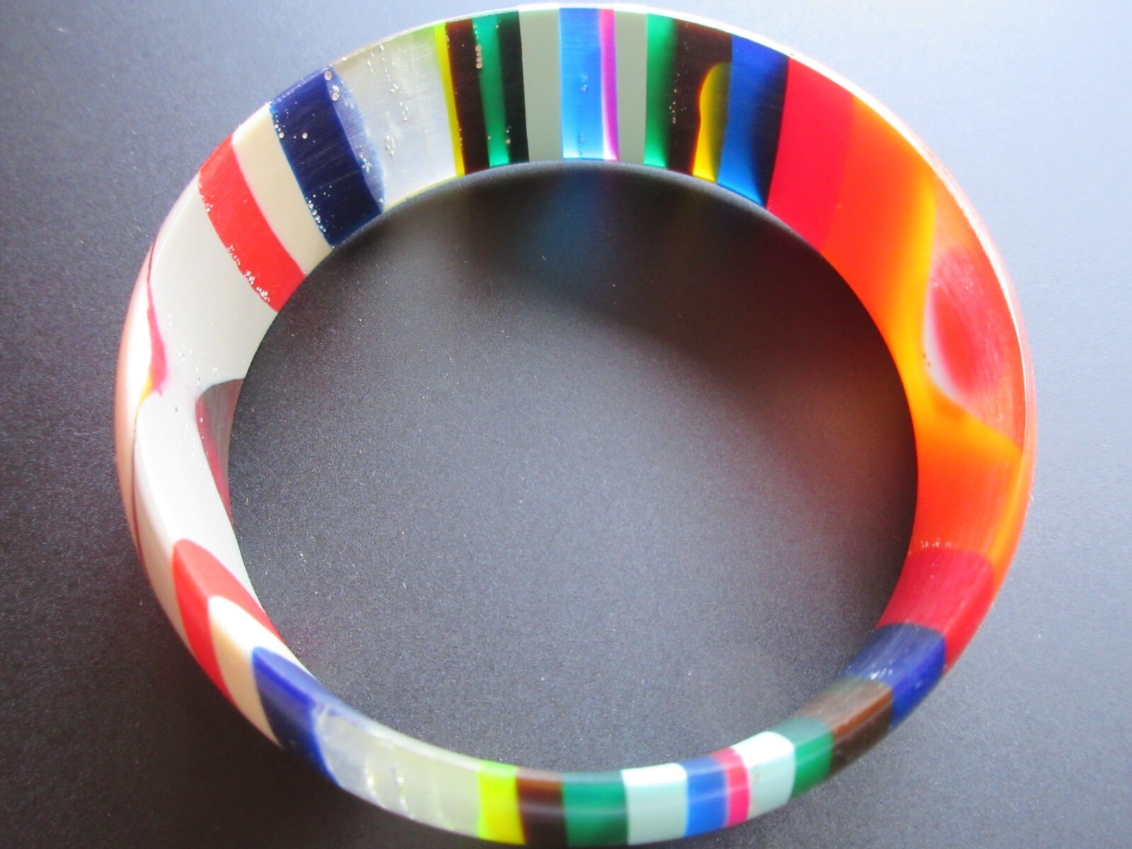 Mid century Multi color Striped Early Lucite Acrylic Bangle Bracelet 2 7/8″