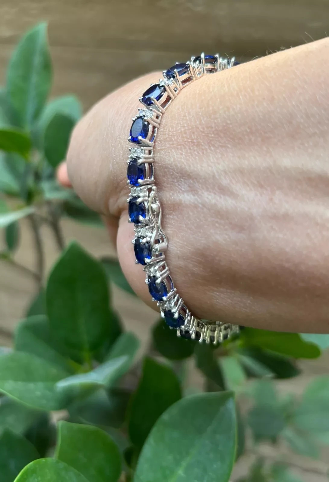 14.00 Ct Oval Natural Sapphire Diamond Tennis Bracelet 14K White Gold 7.5 Inch