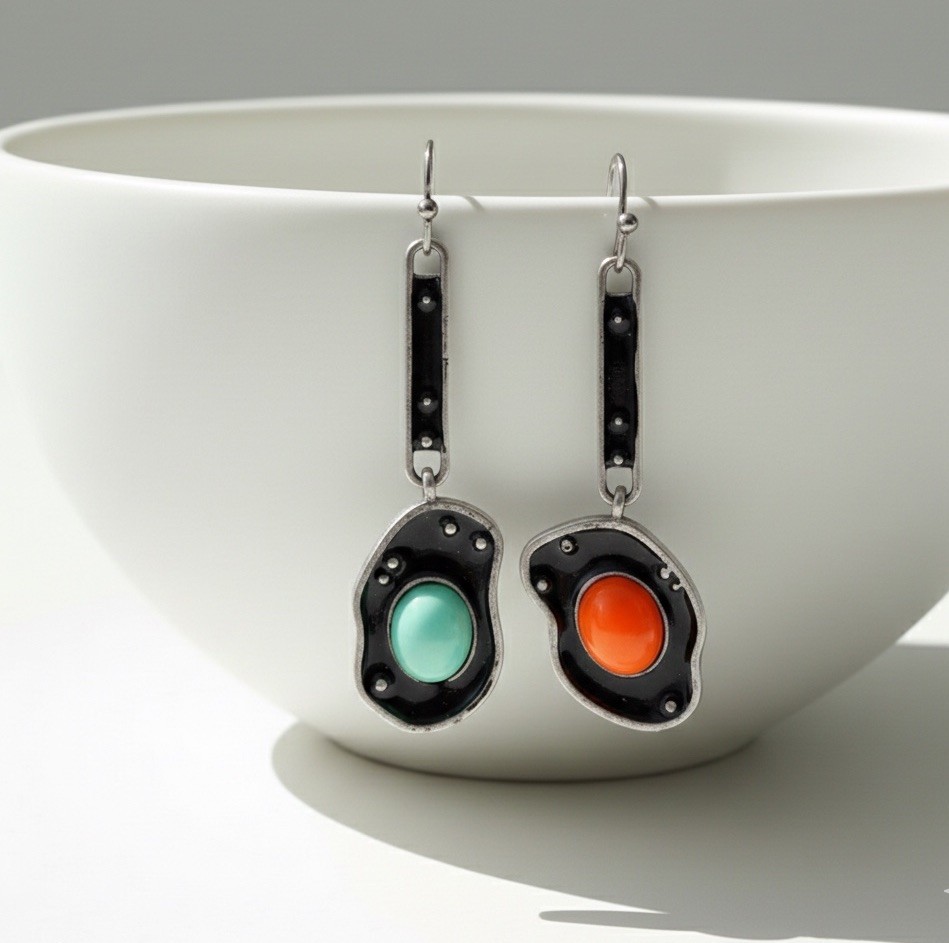 Museum Turquoise Geometric Mismatch Earrings Art Silver Asymmetric Modern Boho