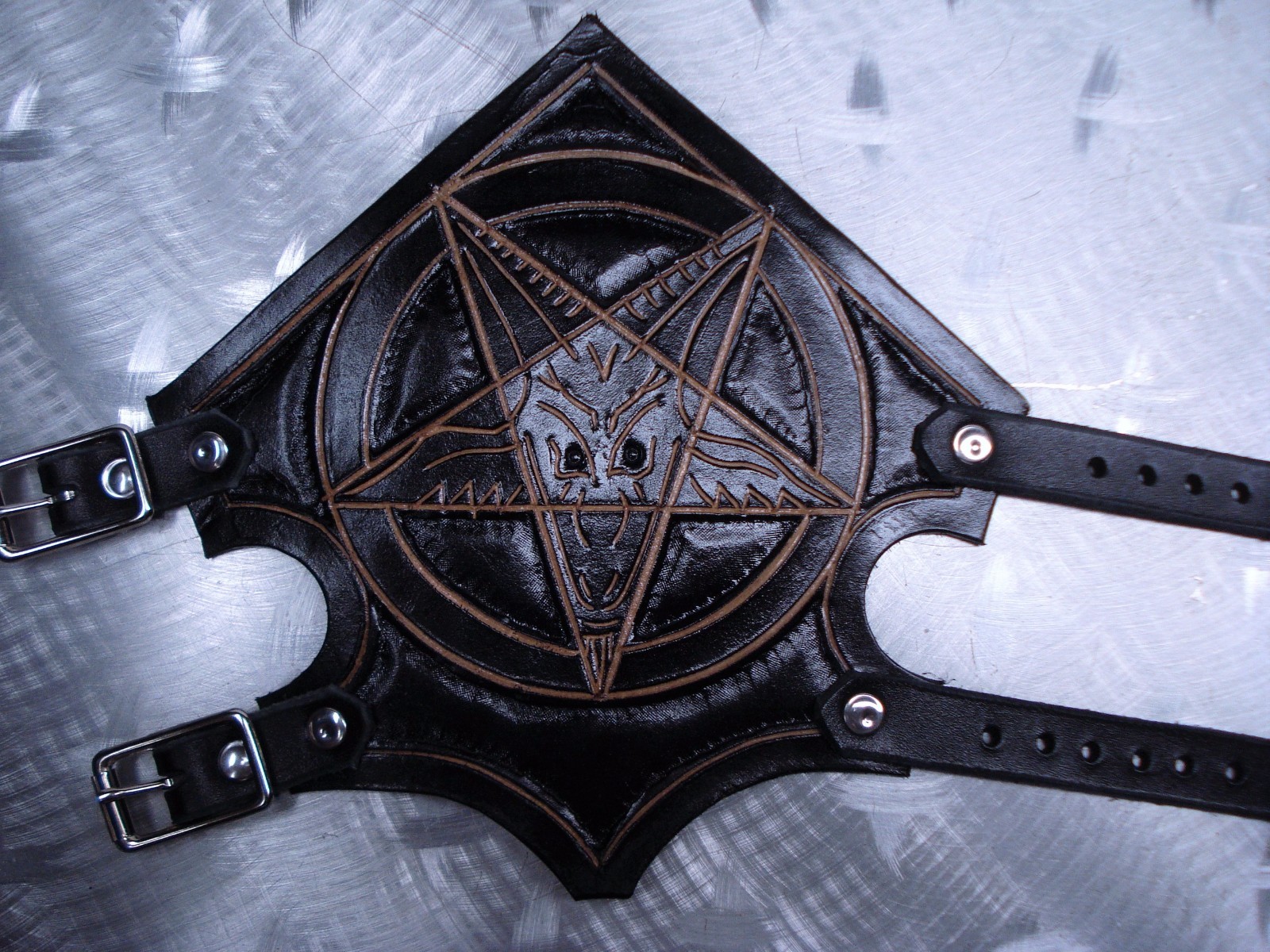 LEATHER BAPHOMET CARVED GAUNTLET. BLACK METAL…(MDLG0149) …..BEHEMOTH