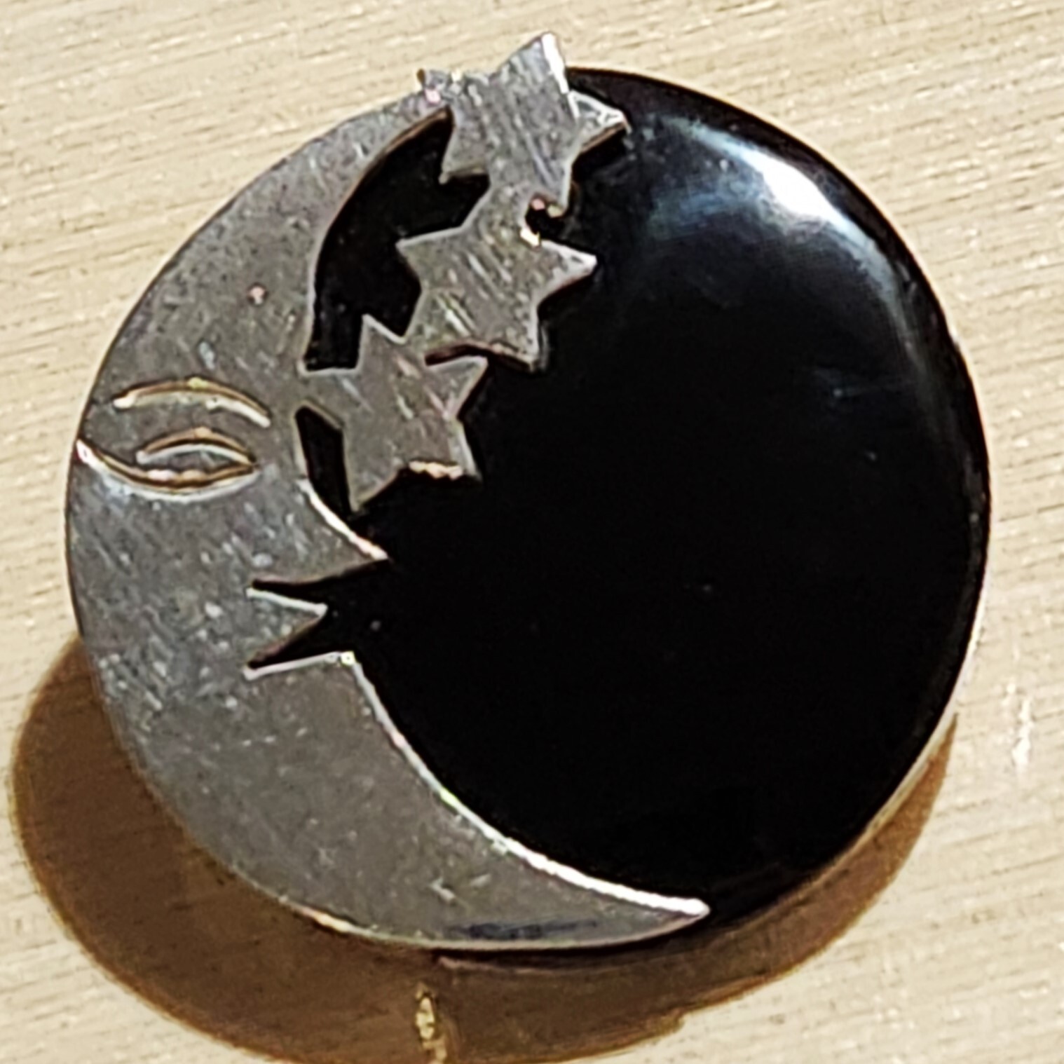 Vintage Man in the Moon Stars Onyx Sterling Silver Brooch Pendant Taxco, Mexico
