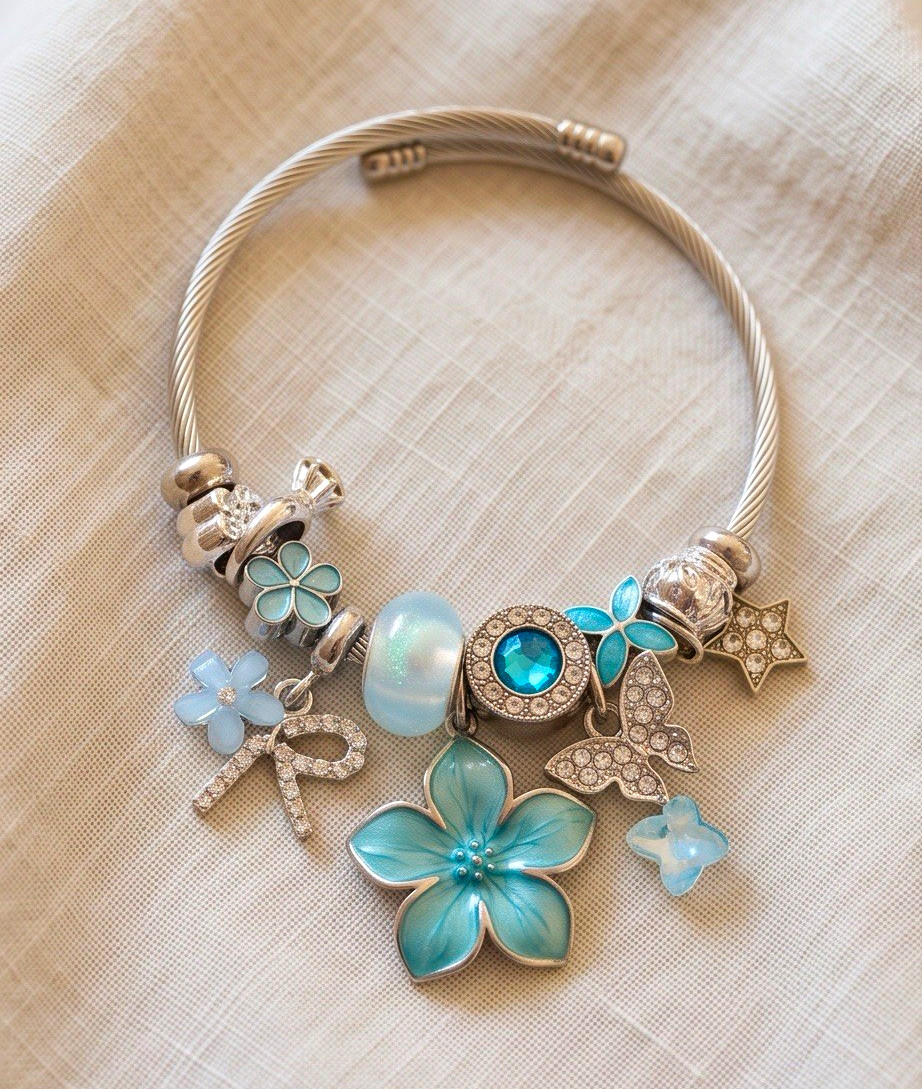 Silver/Blue Stainless Steel Cable Bangle Charm Bracelet Flower Butterfly Dangles