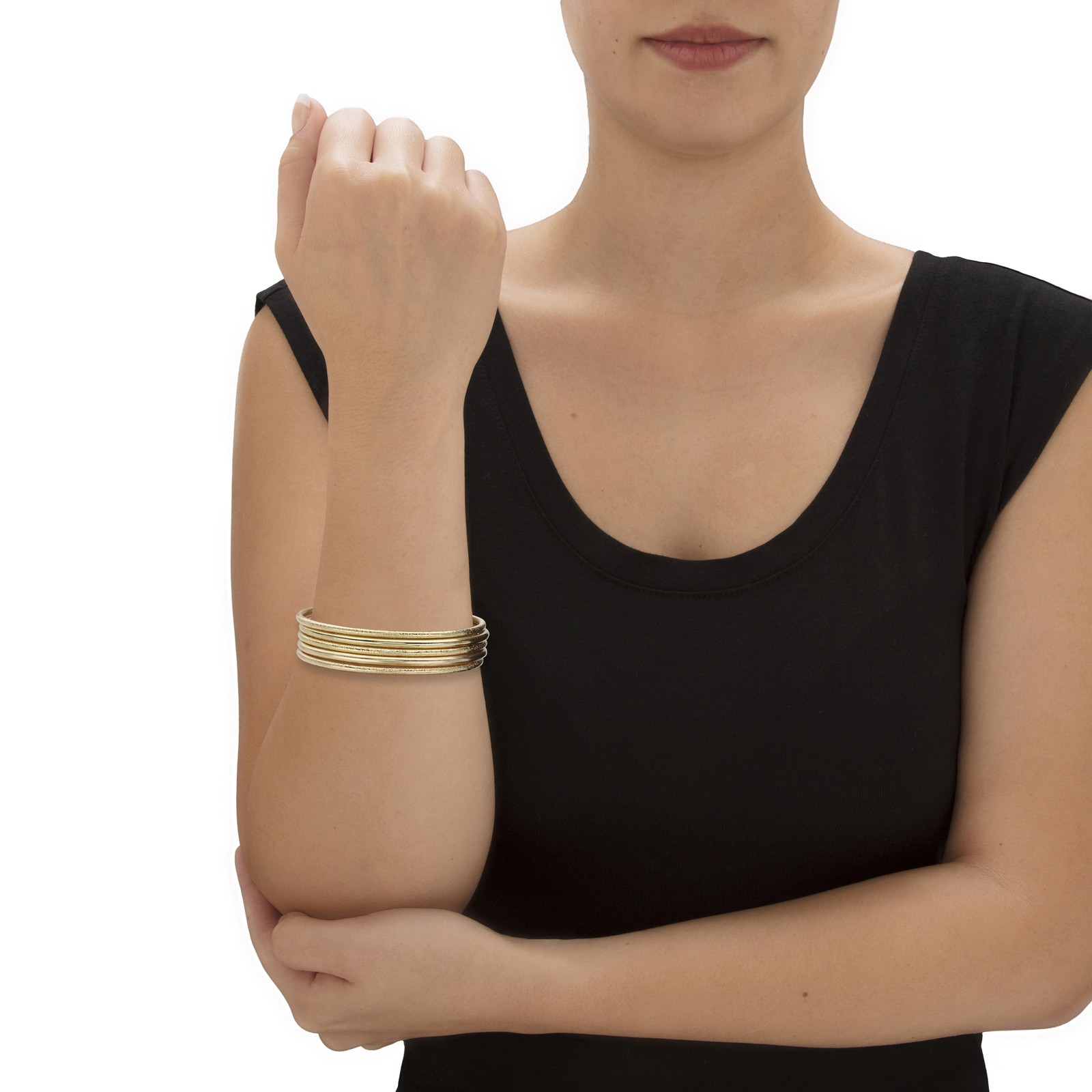 5 Piece Bangle Bracelet Set in Textured and Polished Yellow Goldtone