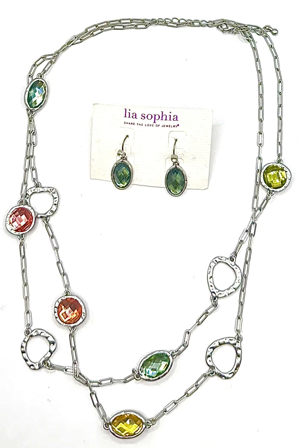 Lia Sophia Gumdrop Green/Orange/Yellow Glass Stones Silver Necklace & Earrings