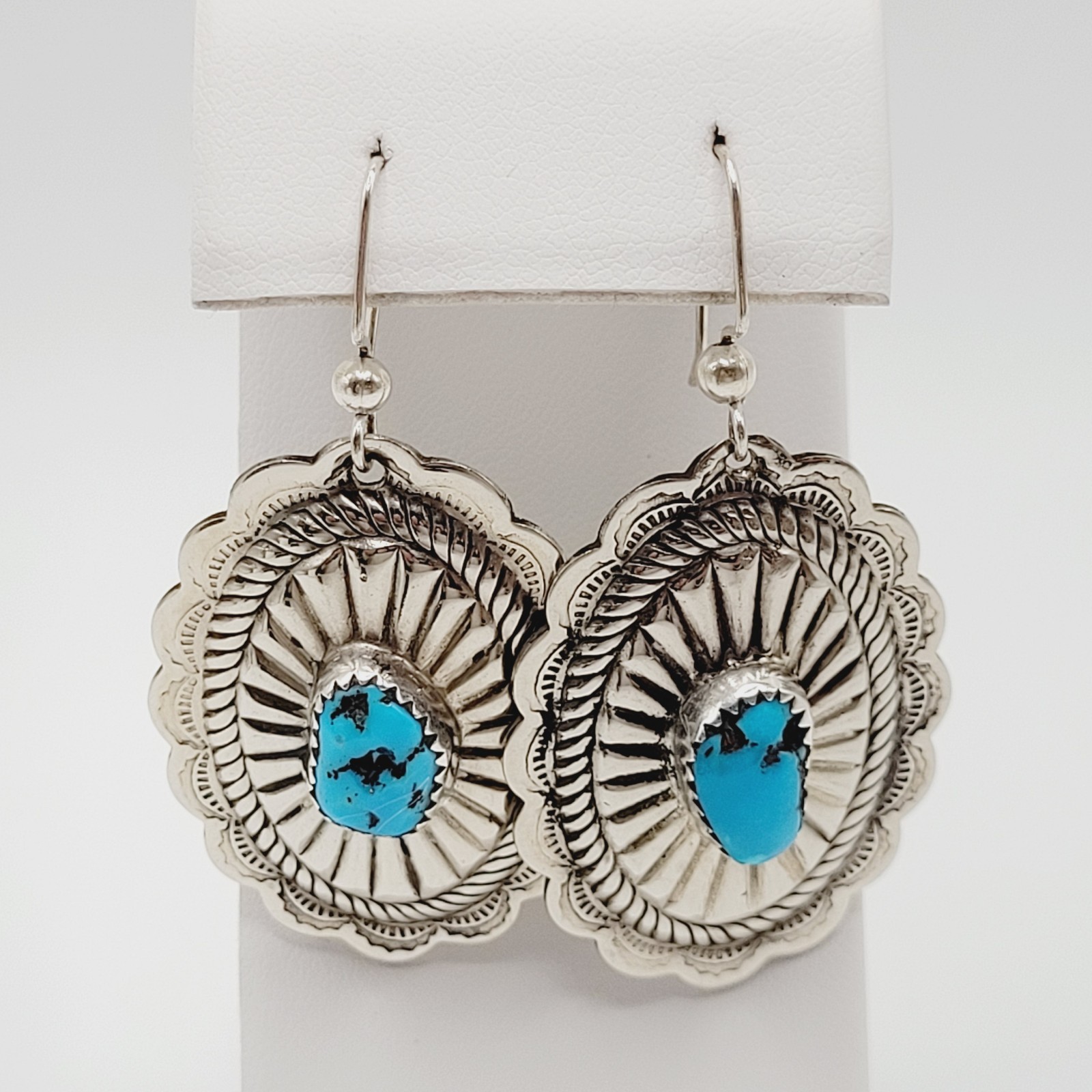 Southwestern Style Silver Tone Turquoise Concho Dangle Pierced Hook Earrings