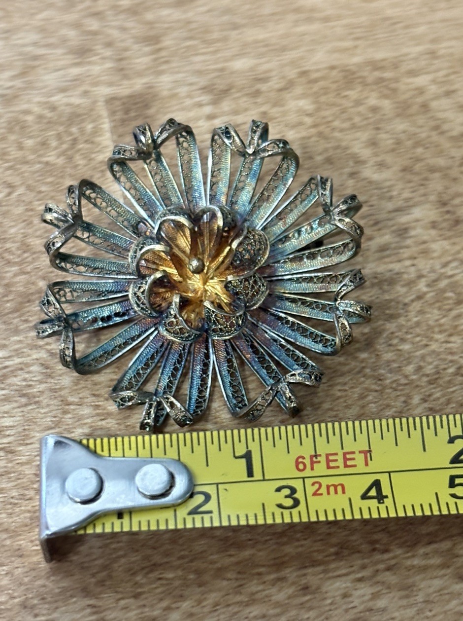 Antique Filigree Flower Brooch w/ Beautifully Toned Silver for Iridescent Color