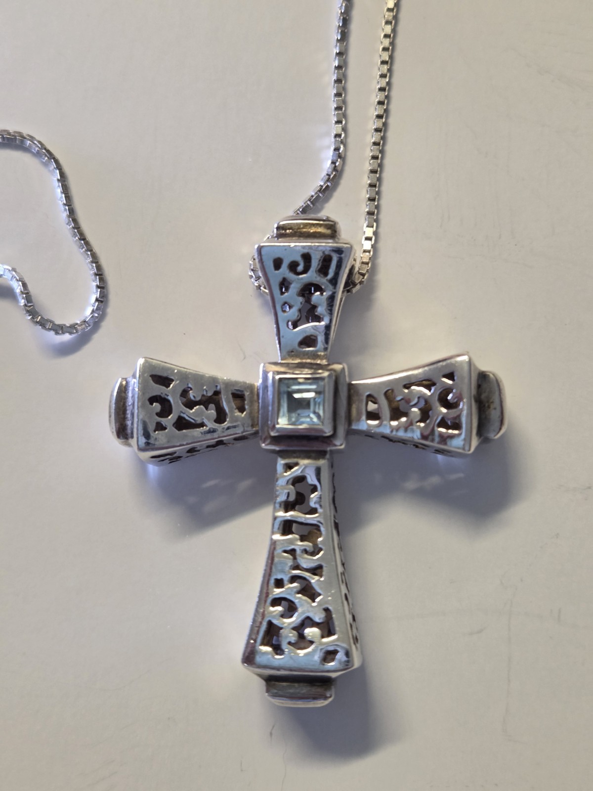 Vintage Barse 2000 Sterling Silver Cross Swiss Blue Topaz Italy Chain 29″, 925