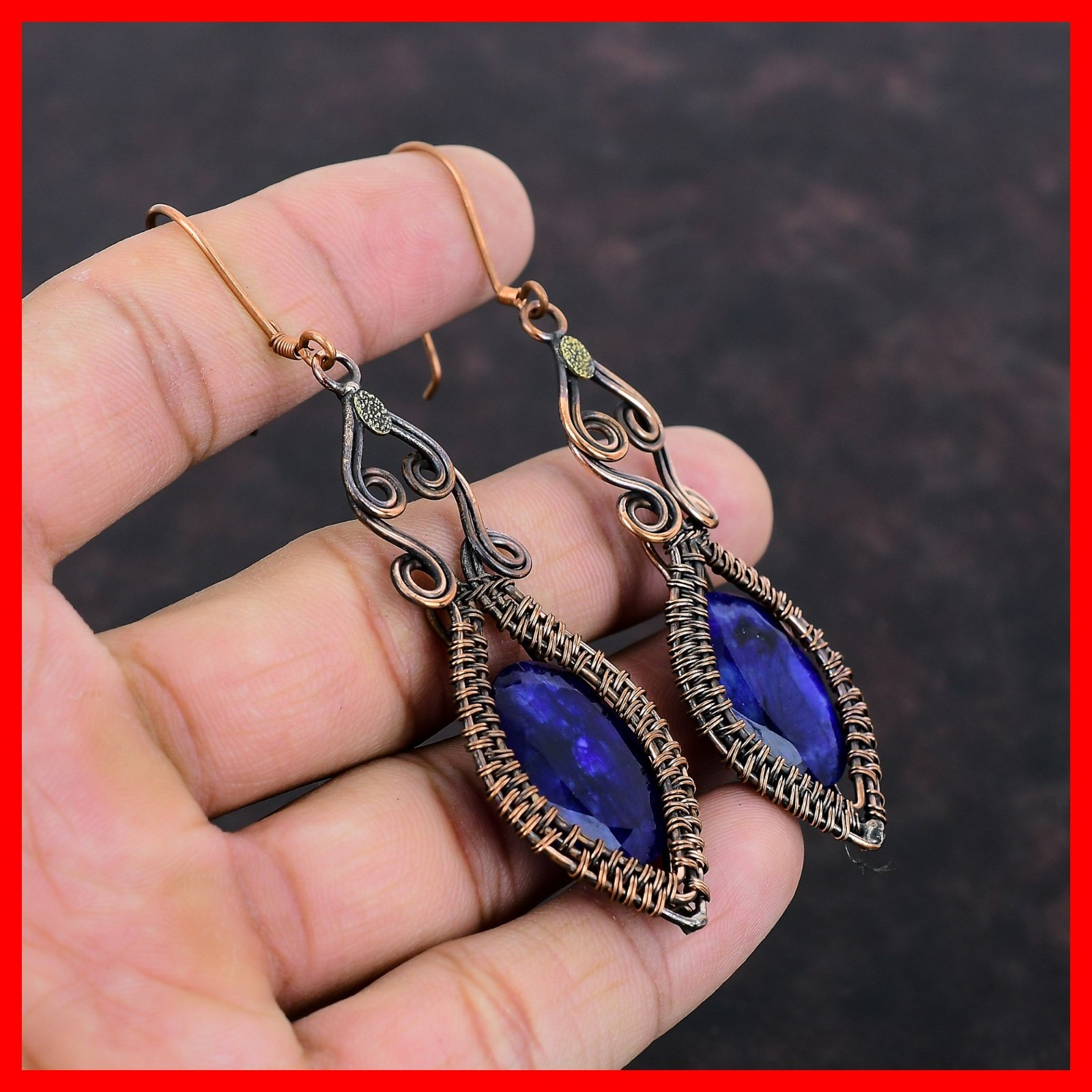 Copper Natural Blue Saphire Handcrafted Dangle New Wire Wrapped Earrings Jewelry