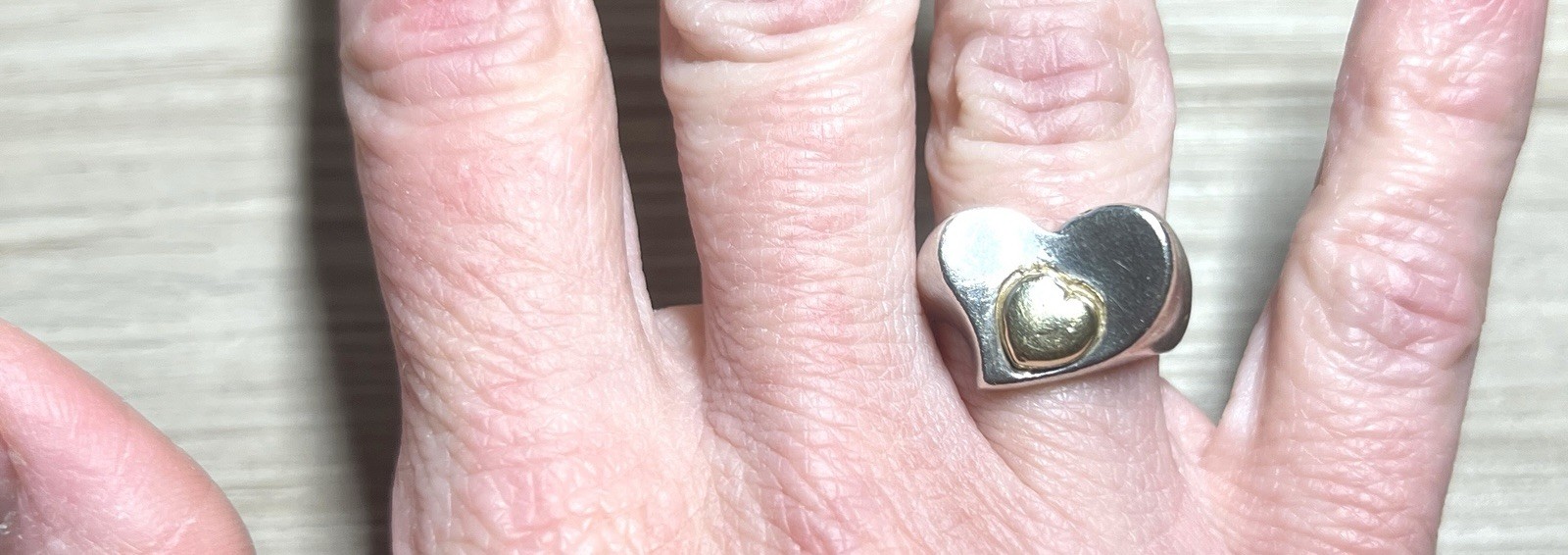 Designer Signed C^A Sterling Silver & 18k Gold Double Heart Ring, Size 6.5