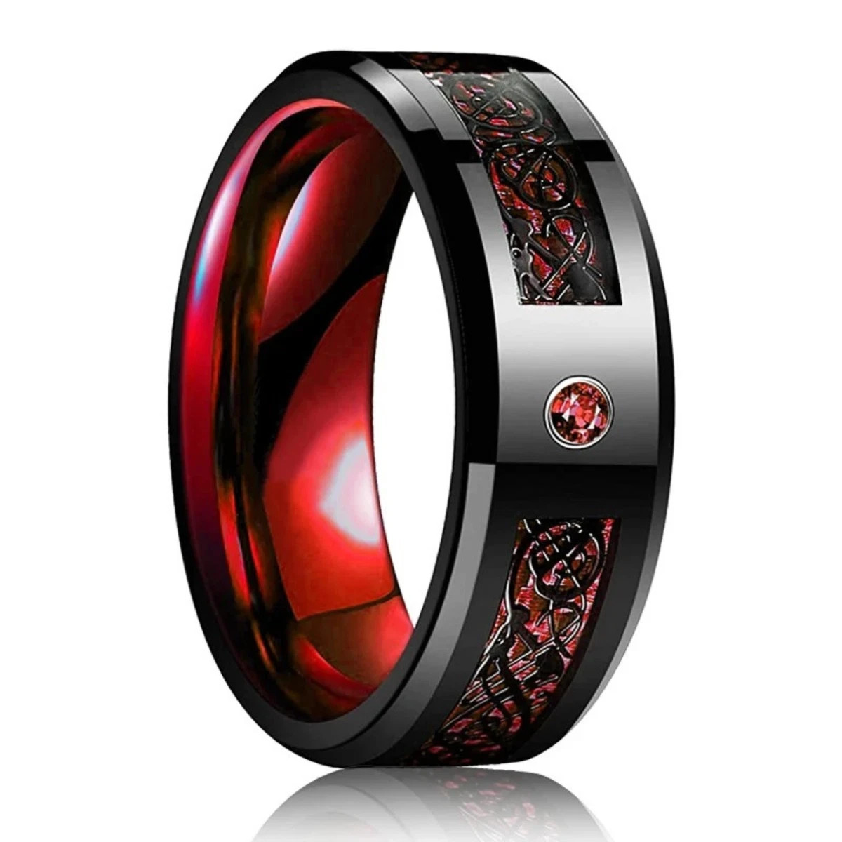 8mm Celtic Dragon Ring Red Carbon Fiber Zircon Stainless Steel Wedding Band
