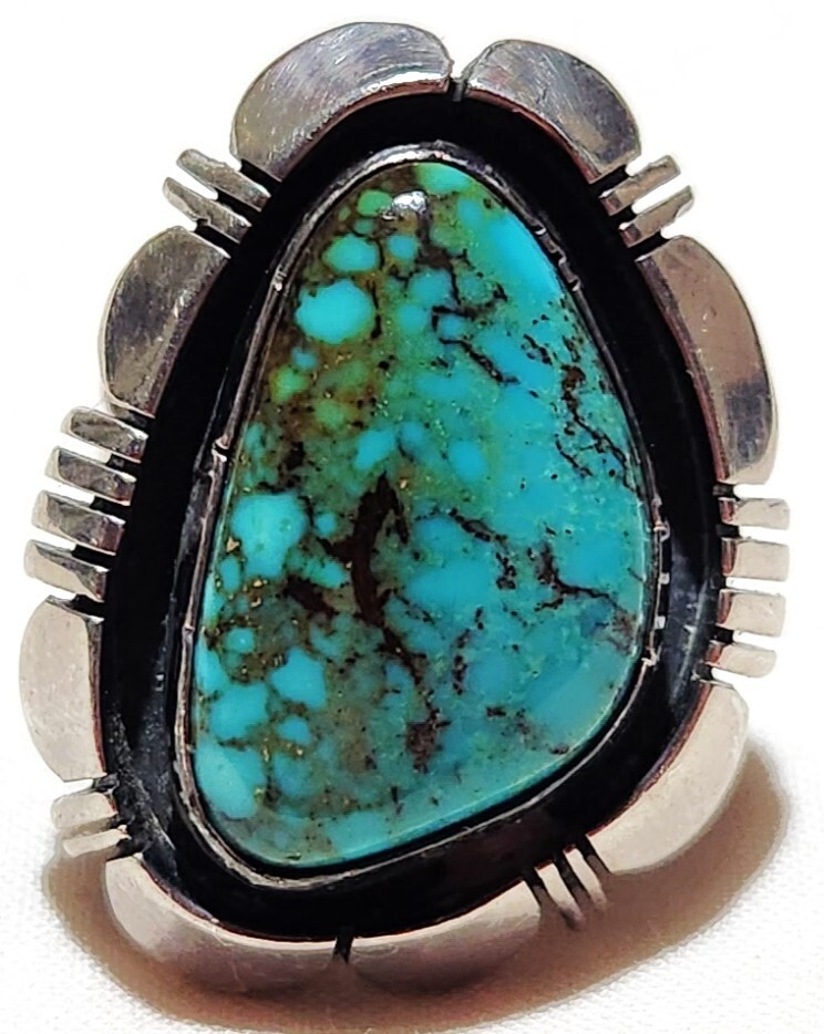 Artist Signed Platero Navajo Morenci Turquoise Shadow Box Sterling Silver Ring