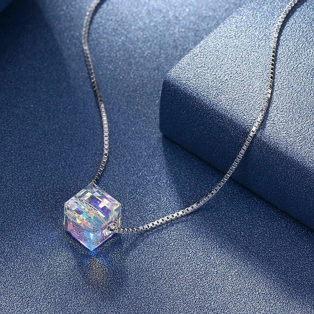 Aurora Borealis Square Crystal Cube Necklace & Stud Earrings Jewelry set