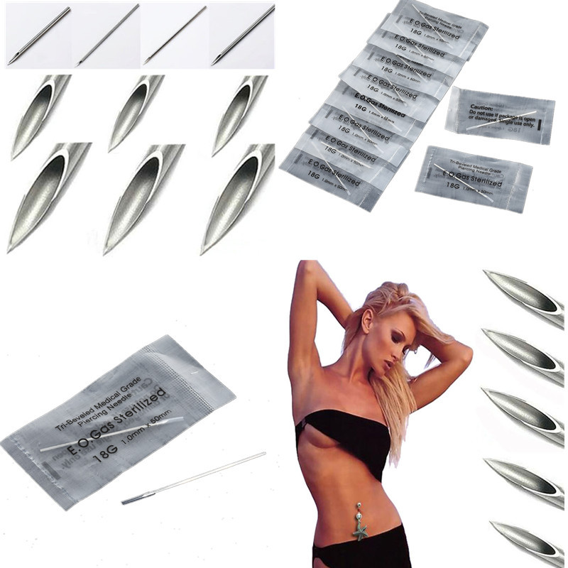 10Pcs 12/14/16/18/20G Surgical Steel Piercing Needles and Gloves Navel Nose Lip
