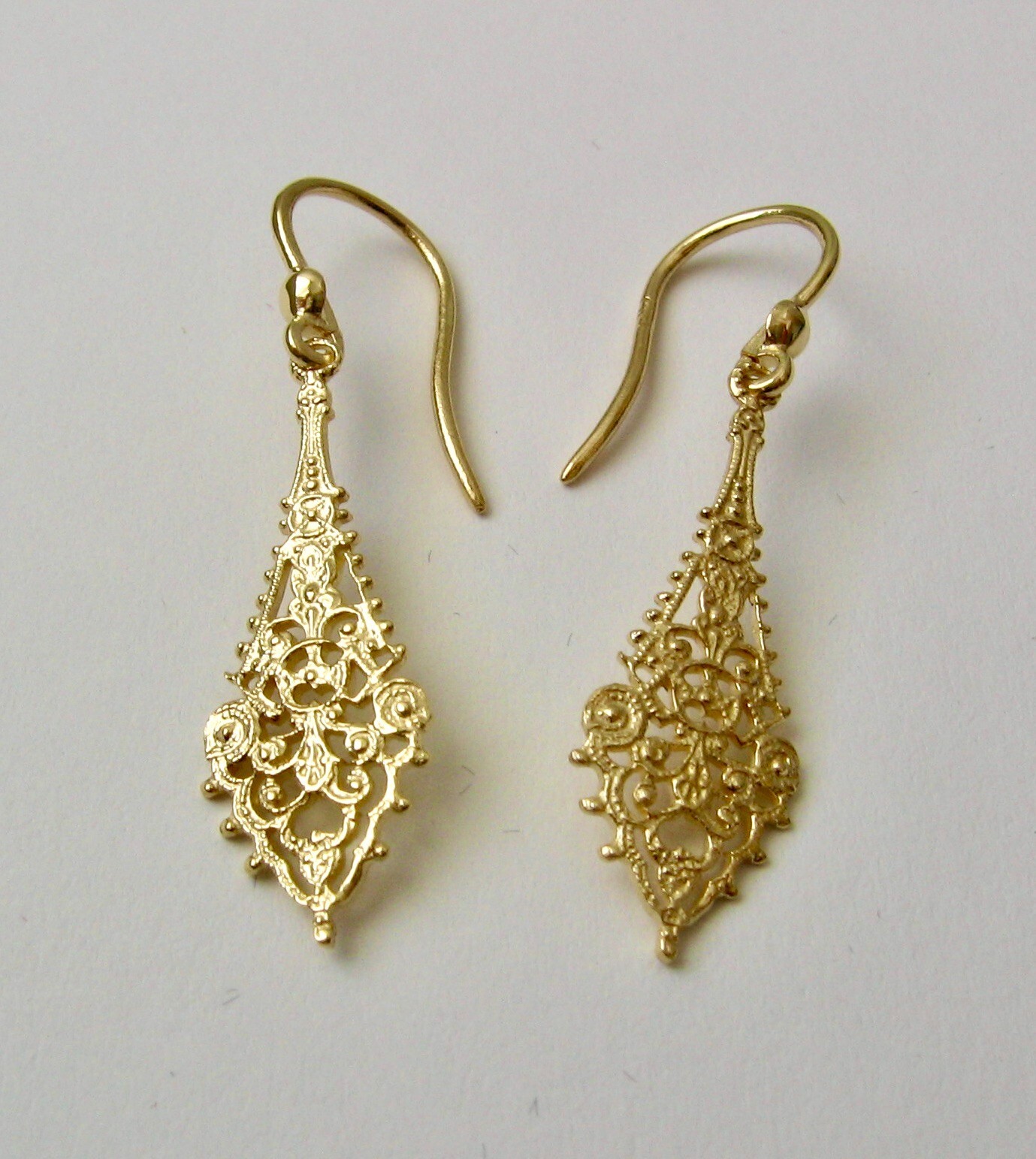 GENUINE SOLID 9K 9ct YELLOW GOLD VINTAGE STYLE FILIGREE DANGLE HOOK EARRINGS
