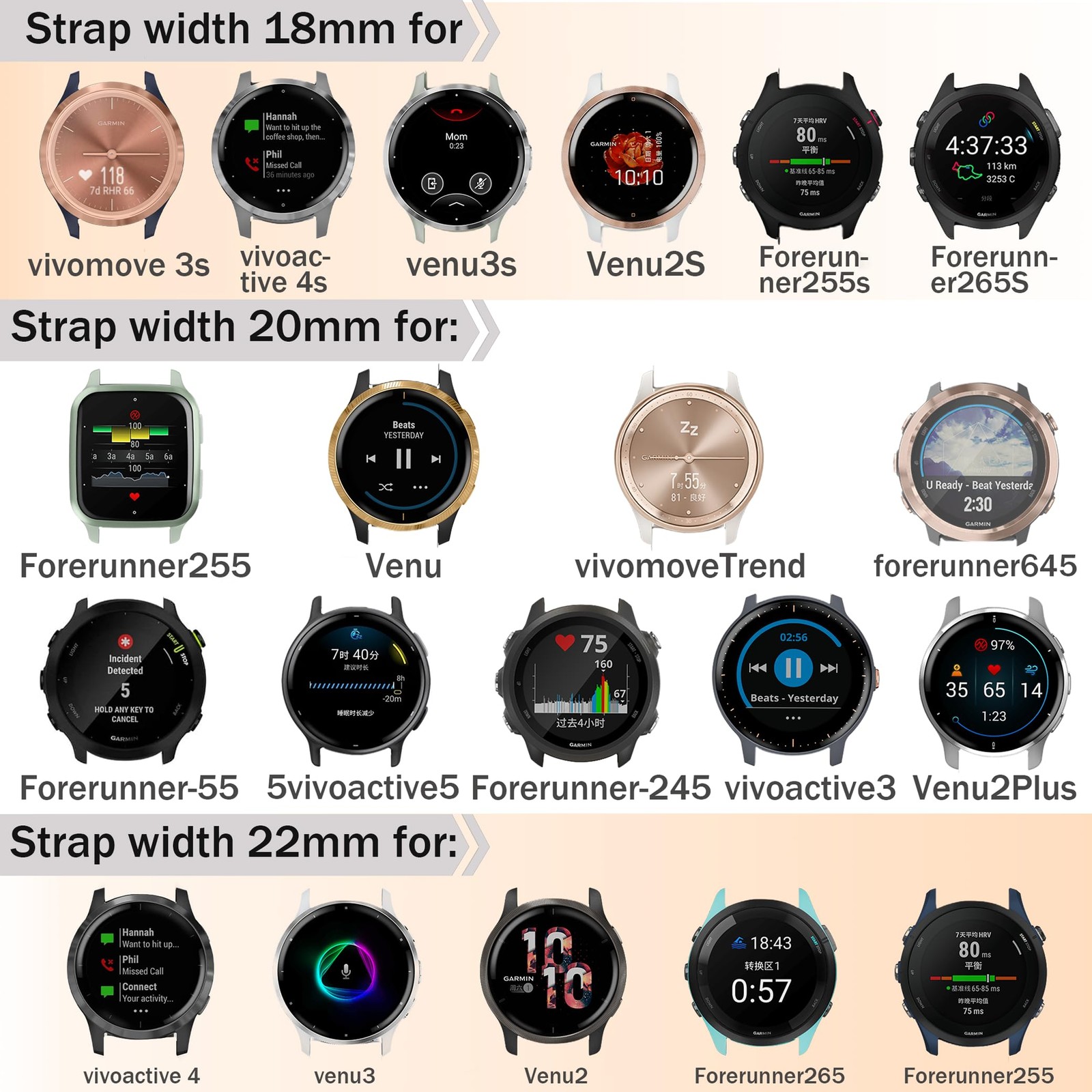 18mm Sport Watch Band Compatible with Garmin Venu 3S/2S/4 41mm Vivoactive 4S