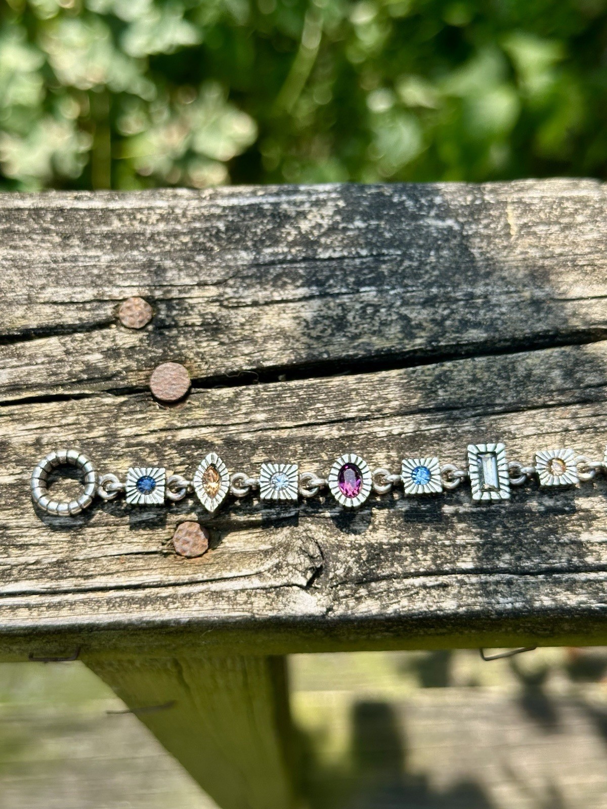 Patricia Locke Bracelet Silver Tone Multicolored Crystals Geometric Shapes 8”