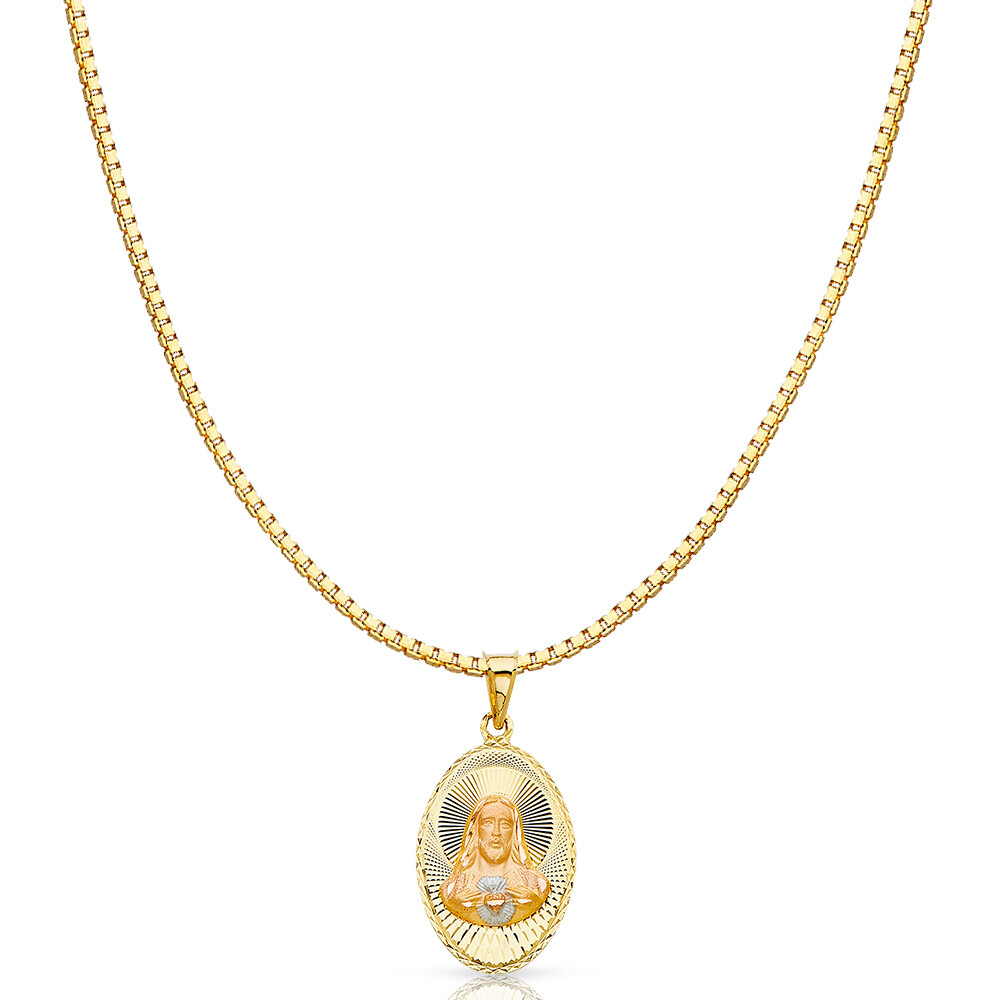 14K Tri Color Gold Jesus Stamp Religious Charm Pendant &1.2mm Box Chain Necklace