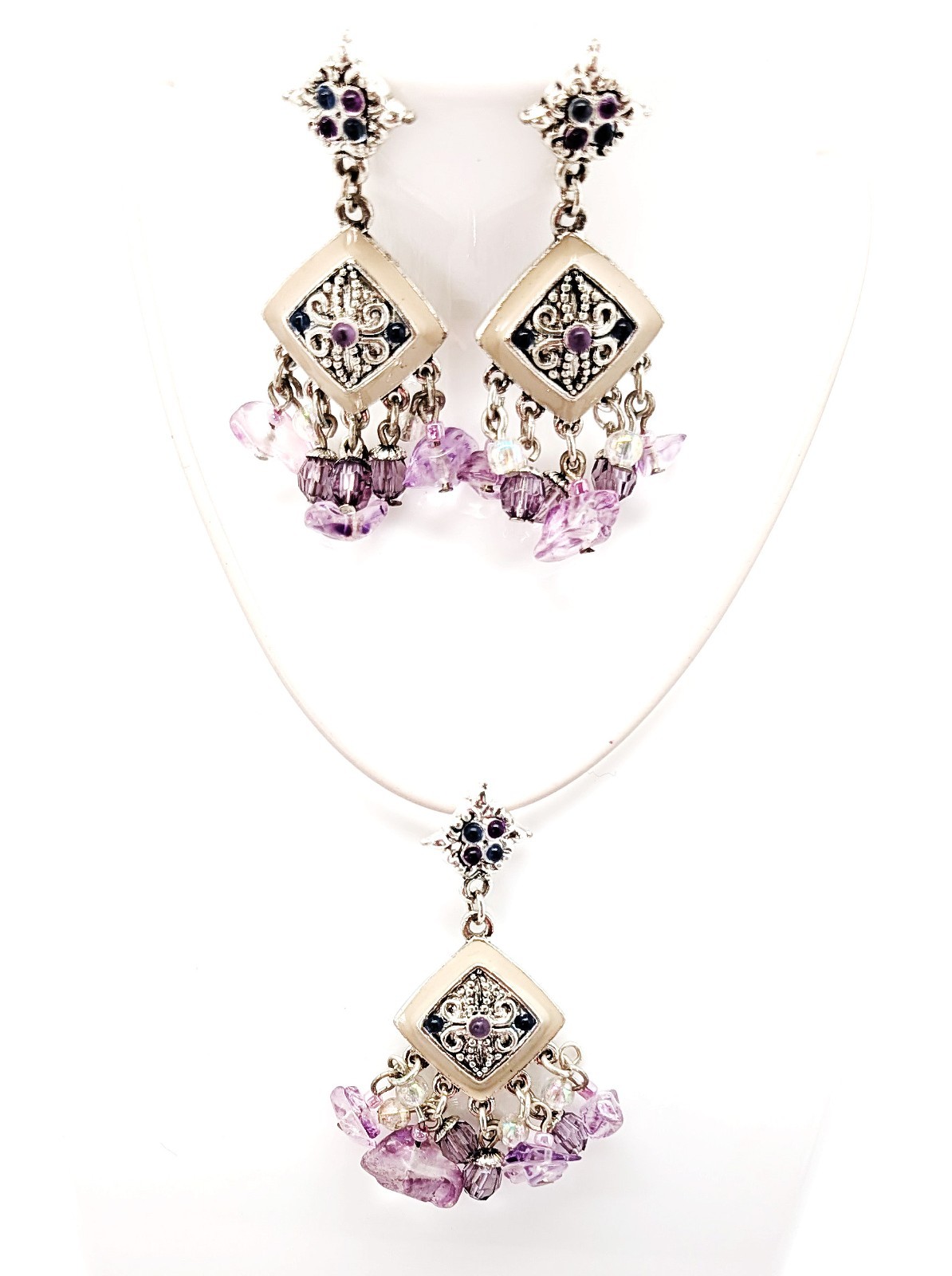 DESIGNER INSPIRED GENUINE AMETHYST PURPLE CRYSTAL ENAMEL SILVER JEWELRY SET