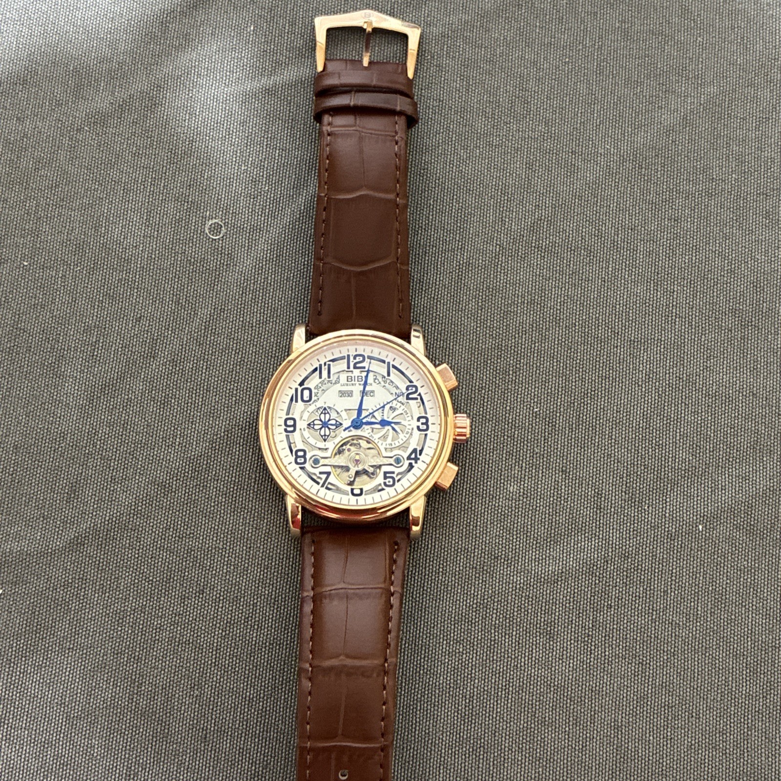 BIBI Automatic Chrono Skeleton Dial Rose Gold-Tone Case Brown Leather Strap Box