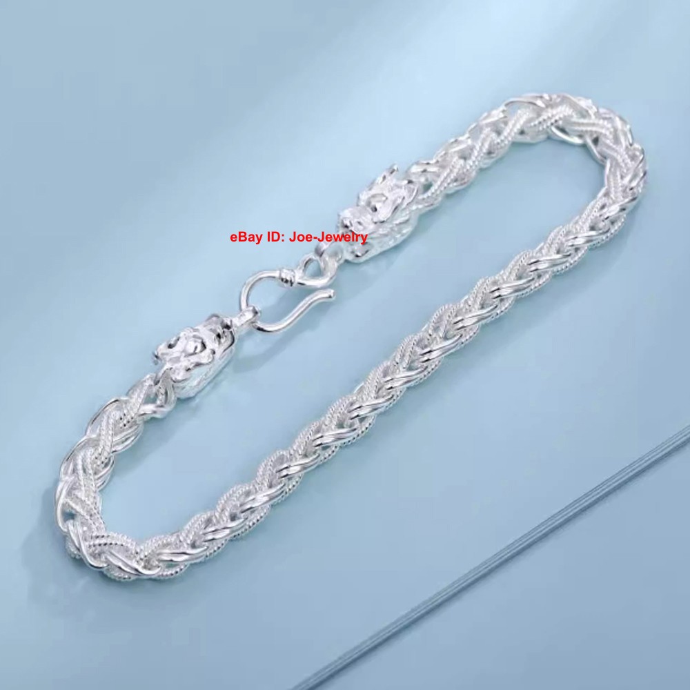Pure 999 Fine Silver Bracelet Dragon Head and Wheat Link Chain Bracelet 7.1-7.9″