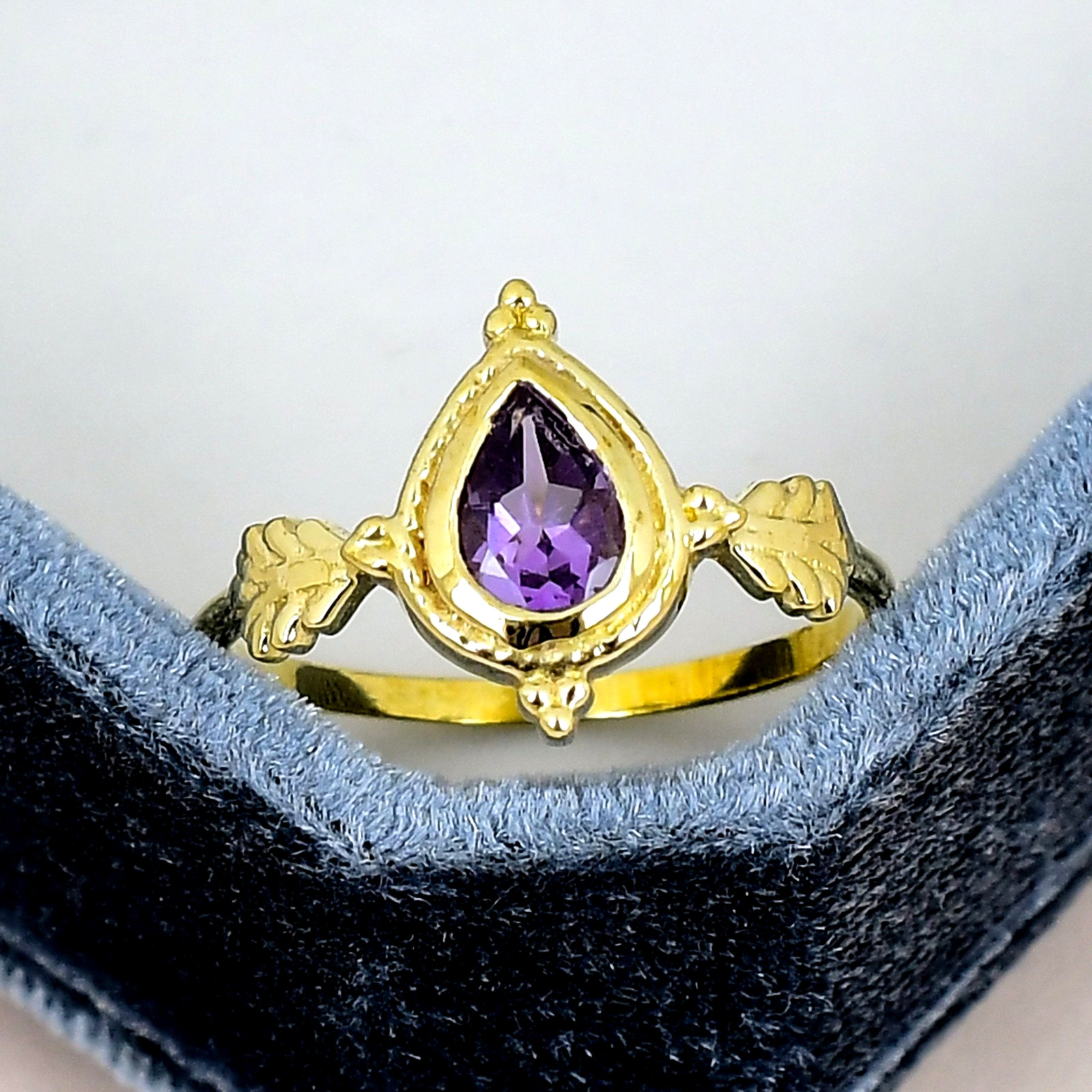 Amethyst Pear Ring 18K Gold Plated 5x7mm Purple Gemstone Nature Leaf Ring Gift