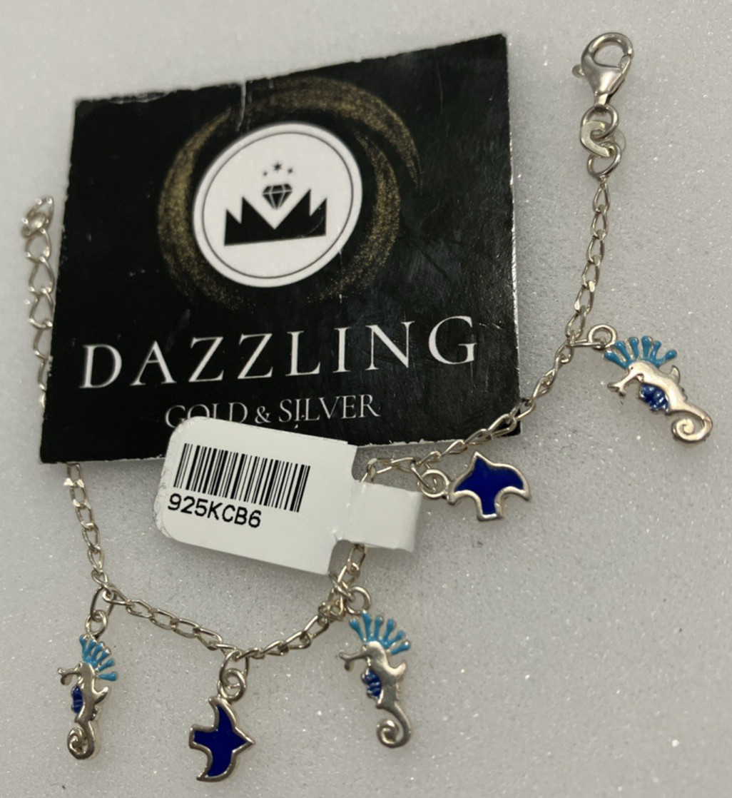 925 Sterling Silver Girl 5 Charms Bracelet Seahorse 3.2grams 5” To 6” New w/Tag
