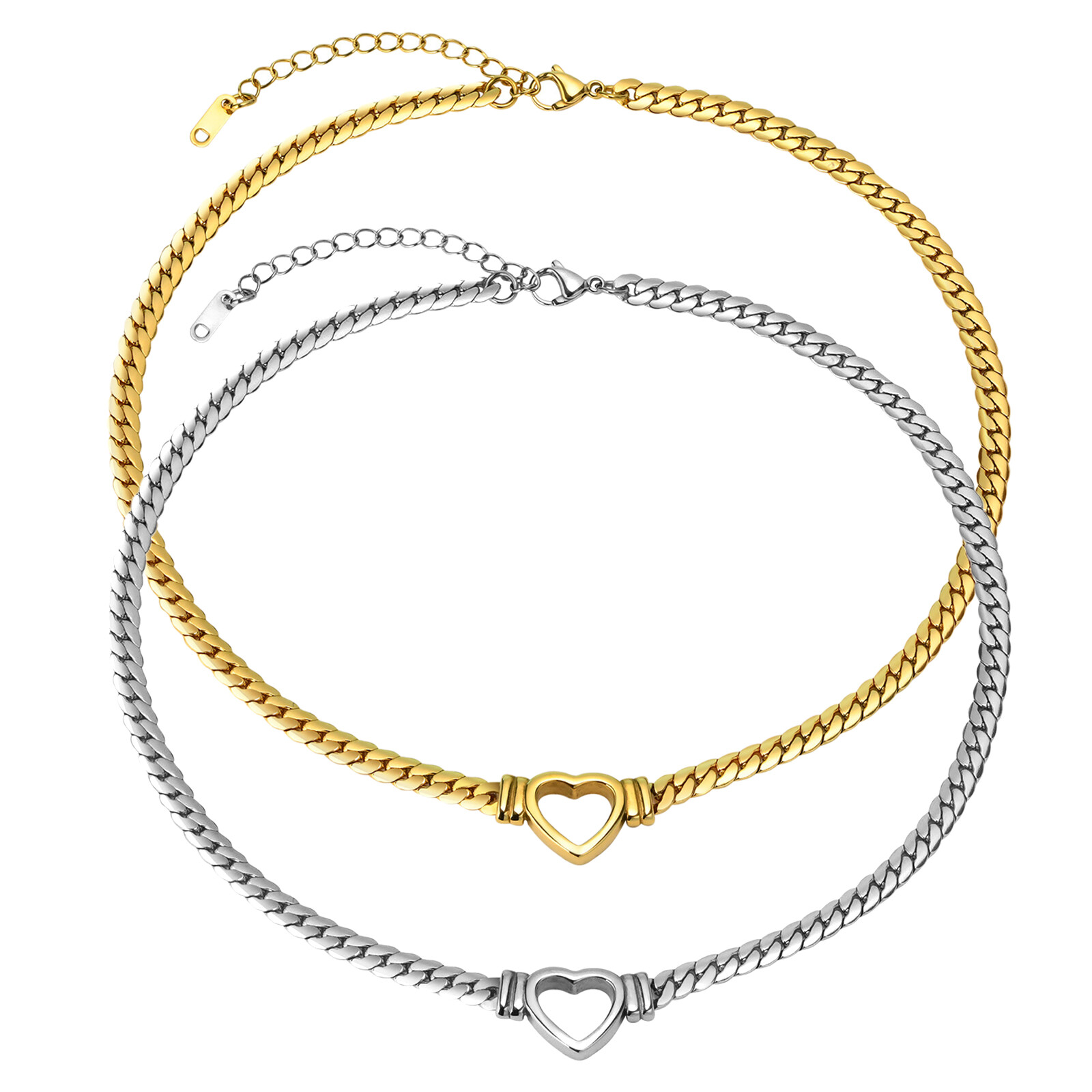 Women’s Girls Chunky Flat Cuban Link Chain Necklace Stainless Steel Heart Choker