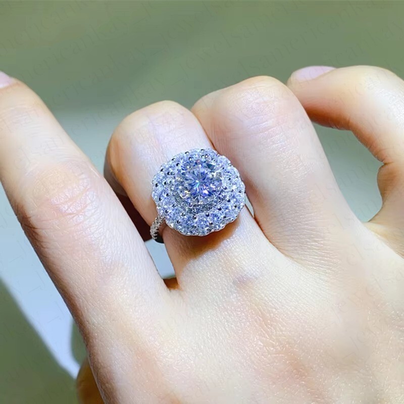 2.30Ctw Round Moissanite Double Halo Engagement Ring 14K White Gold Plated