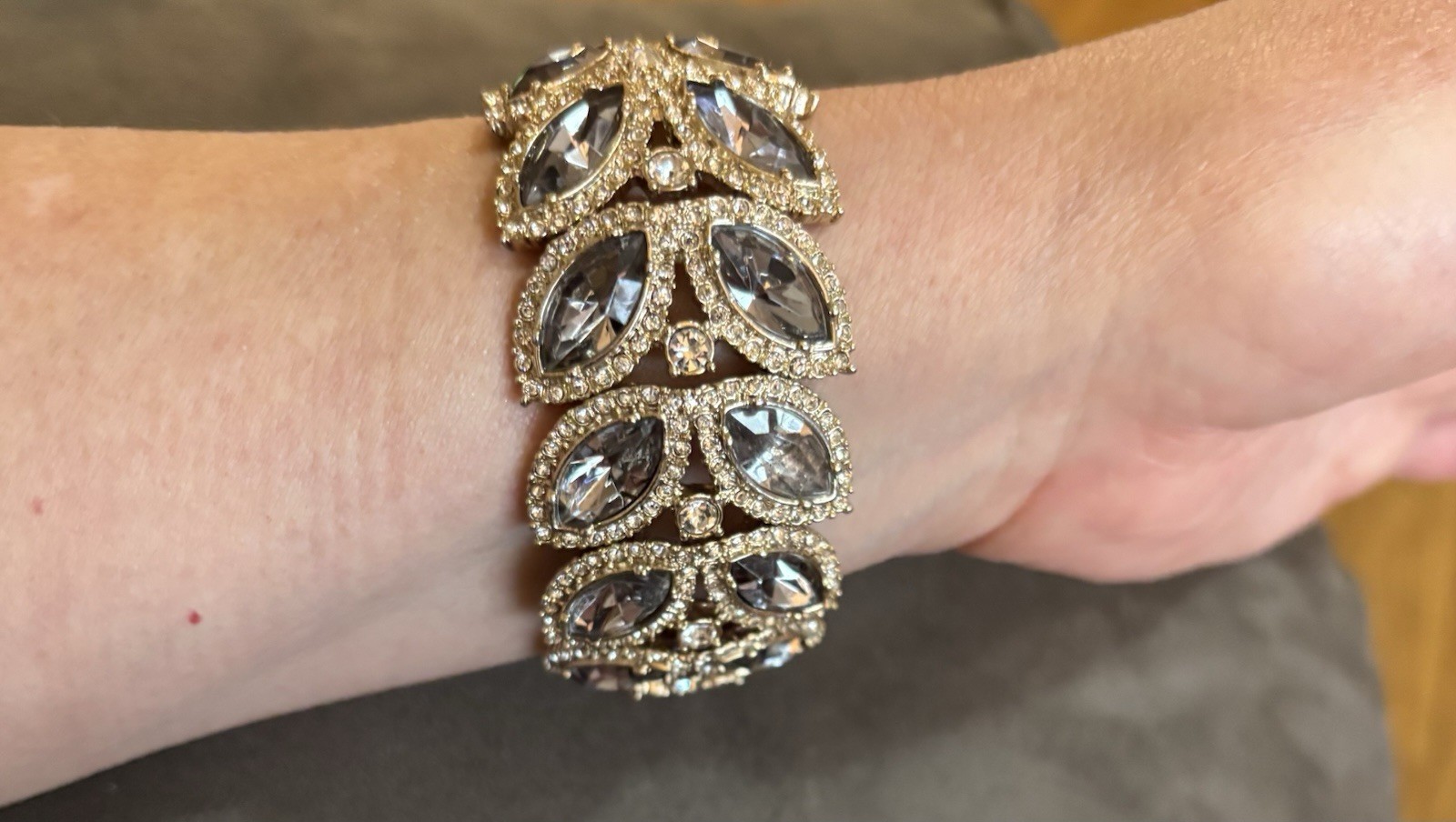 Vintage Crystal Wide Bracelet Angular Design Special Occasion Smokey-Gray 7in