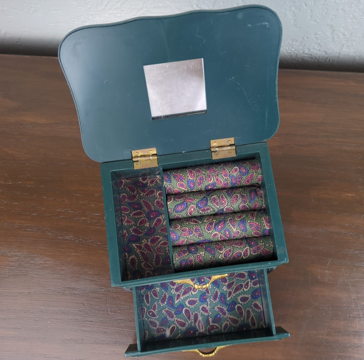 Plastic Table Top Dresser Drawer Jewelry Box Dark Green Gold Florals Paisley Fab