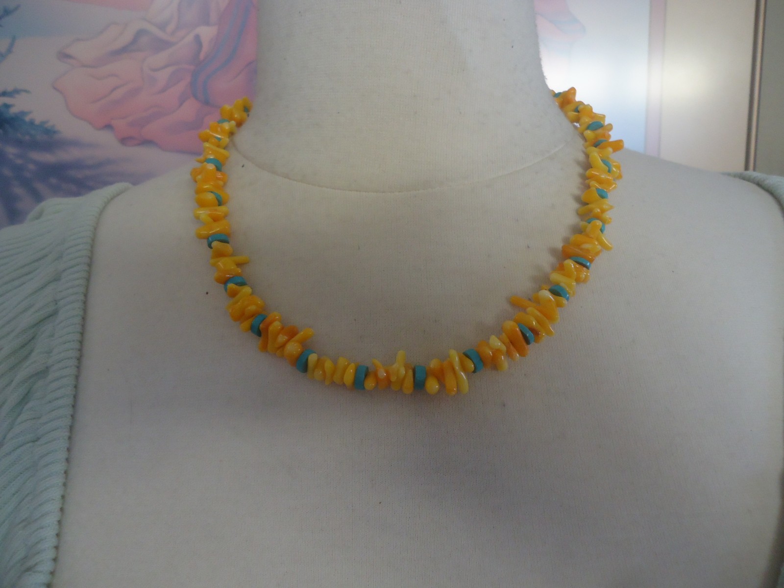Unisex Orange Shell and Turquoise Beaded Necklace, 20″ Long, Sterling Clasp