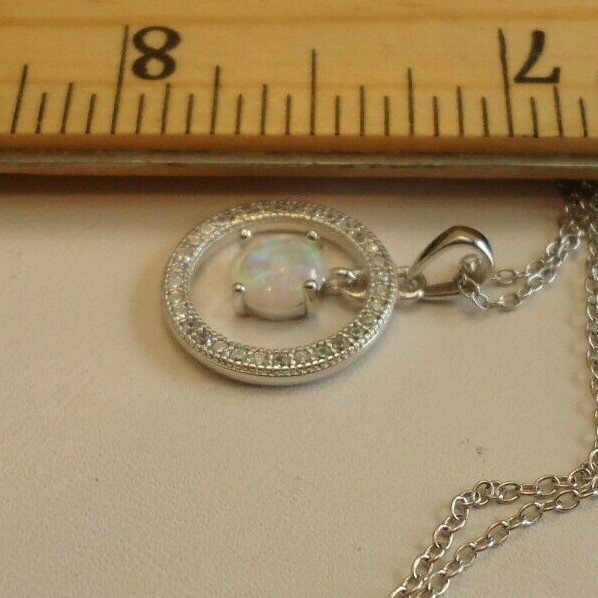 OPEN ROUND CIRCLE NECKLACE PENDANT W/LAB DIAMONDS & OPAL / 925 STERLING SILVER