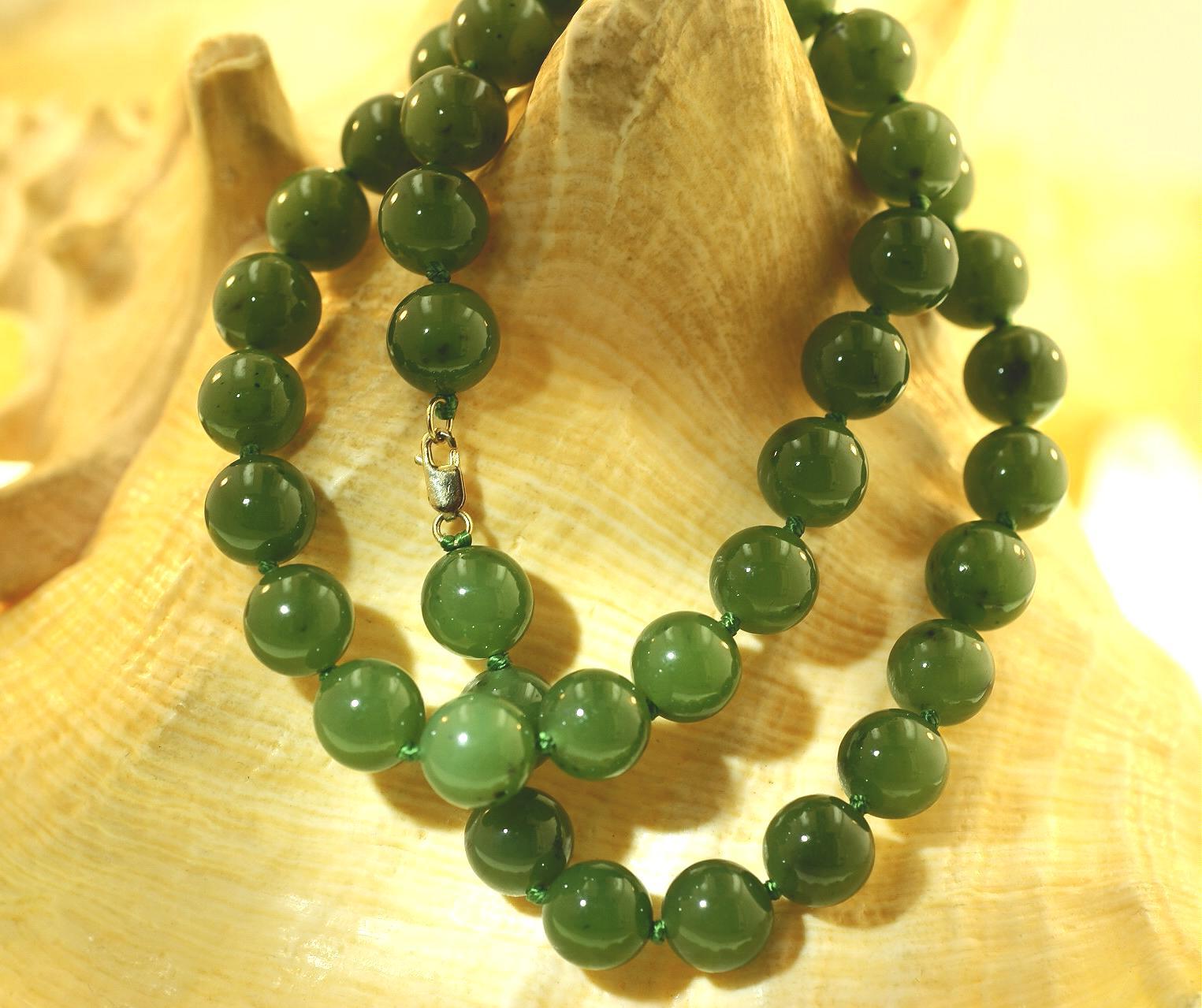 10MM NATURAL NEPHRITE JADE ROUND BEAD KNOTTED 14K YELL0W GOLD NECKLACE 18.5″