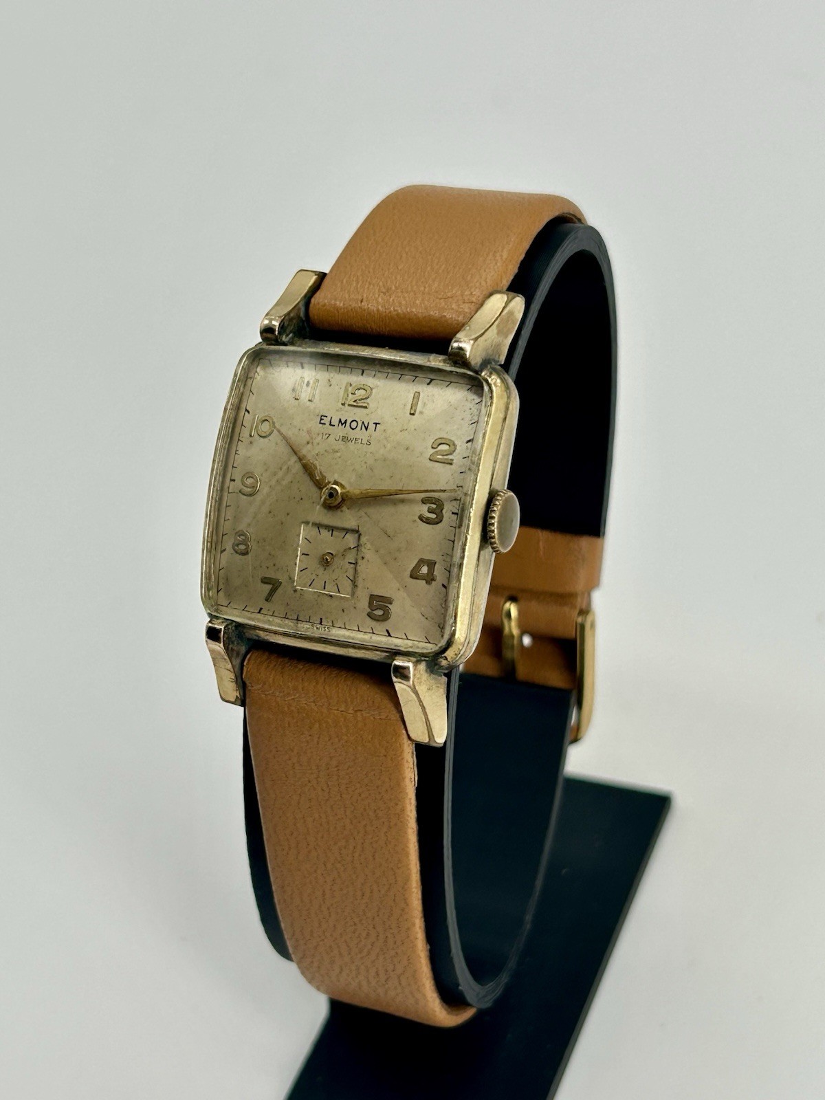 Elmont Swiss Made 17J Manual Wind Square Gold Tone Small Sec Brown Leather