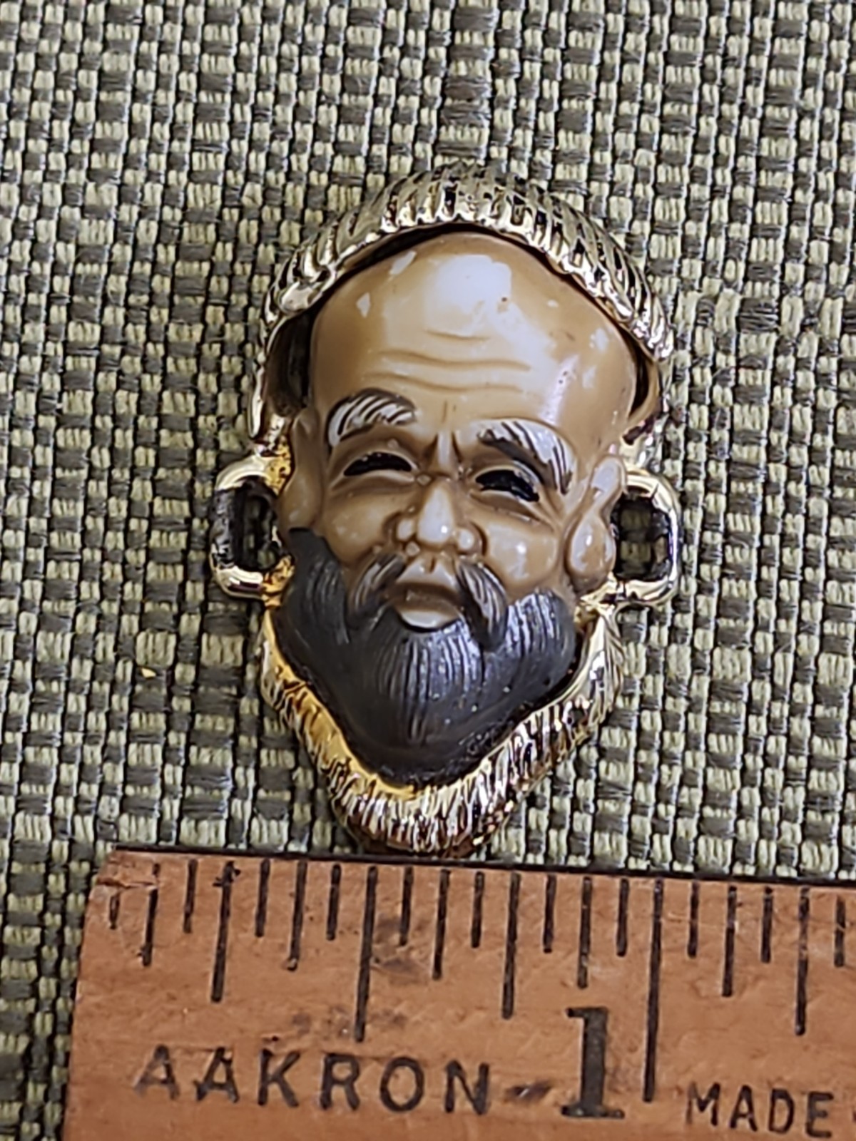 Vintage Resin 1 of 7 Japanese God Face Bracelet Link on Gold Tone Metal Base