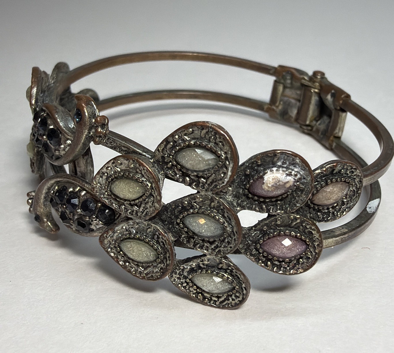 Vintage Peacock Motif Hinged/Cuff Bracelet with Faceted Stones Copper/Silver Mix