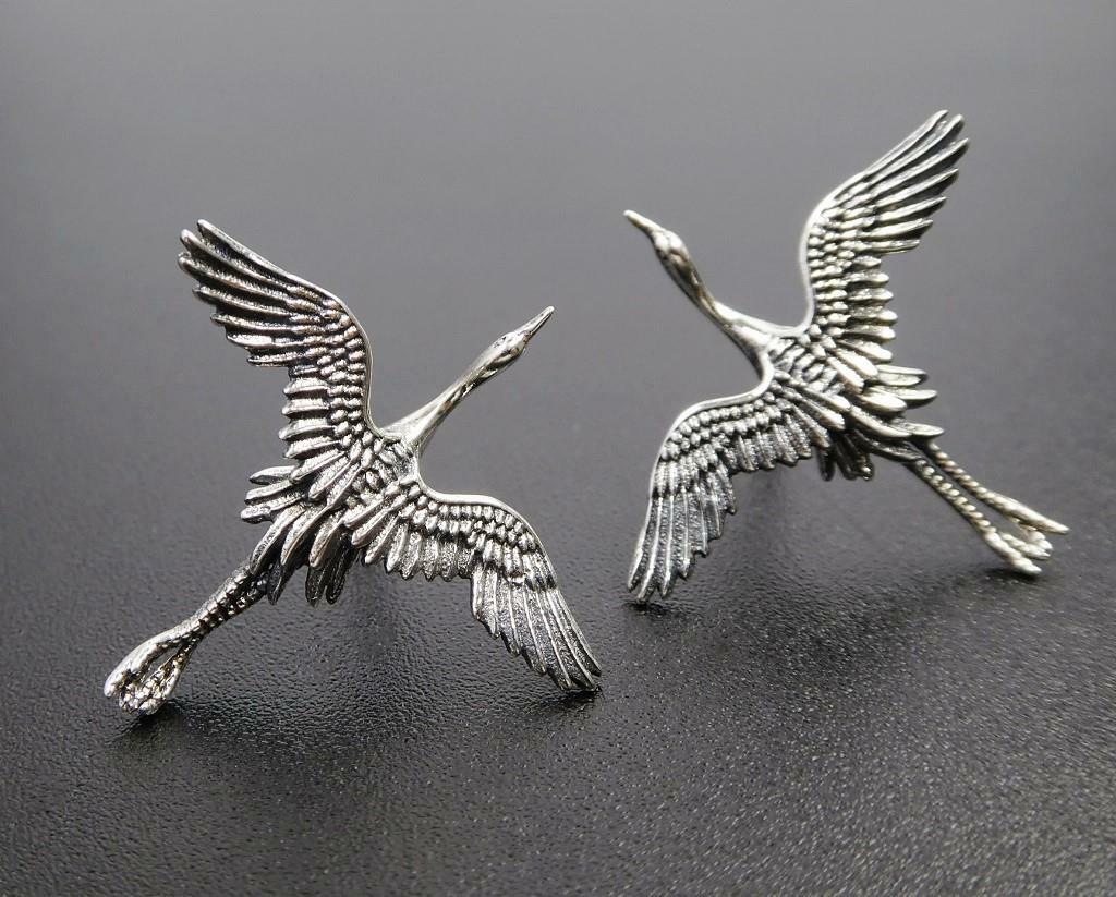 Unique Sterling Silver Flying Egret Stork Bird Stud Post Earrings Fine Details