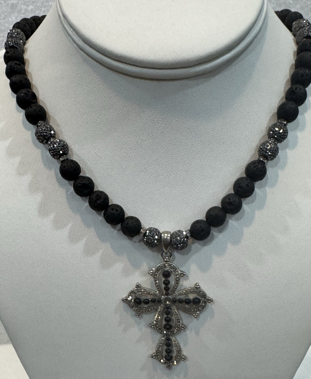 natural lava stone beads Necklace With Large Cross , 17”+2” Extender, Handmade